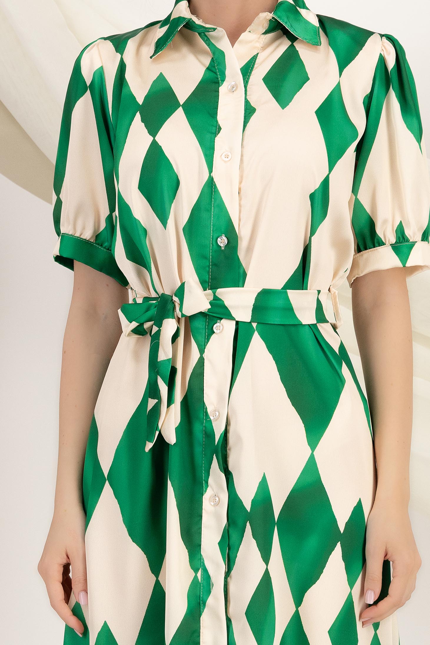 Rochie tip camasa din satin imprimat verde midi cu maneci bufante 6 - StarShinerS.ro