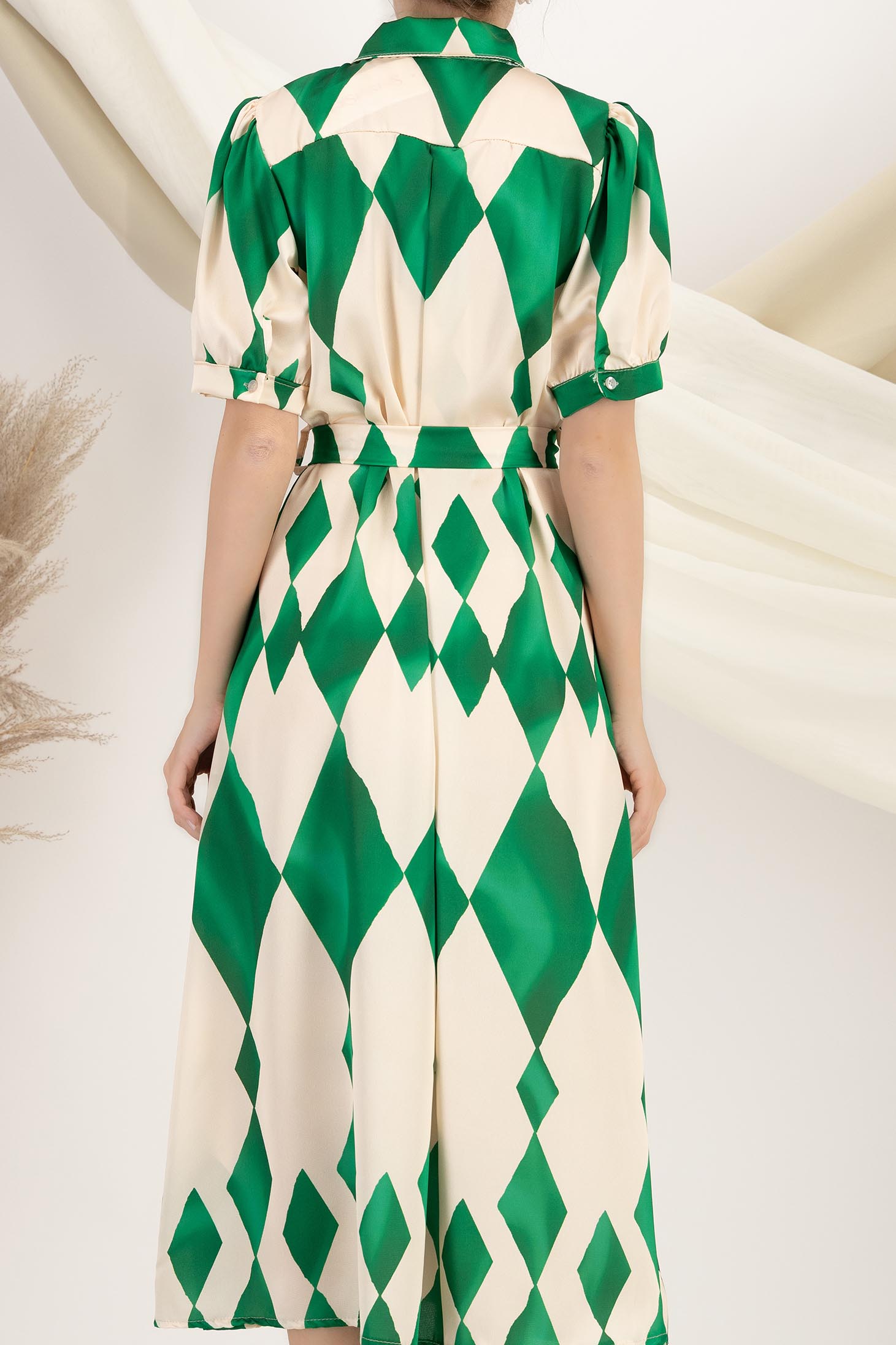 Rochie tip camasa din satin imprimat verde midi cu maneci bufante 5 - StarShinerS.ro
