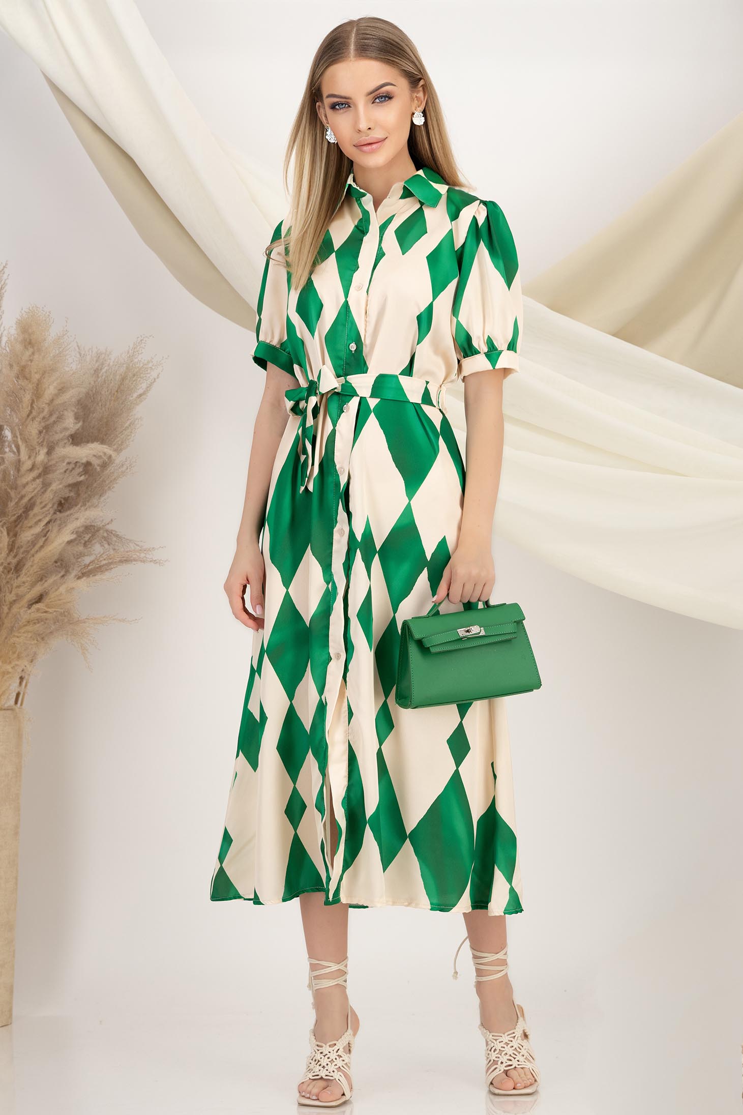 Rochie tip camasa din satin imprimat verde midi cu maneci bufante 3 - StarShinerS.ro