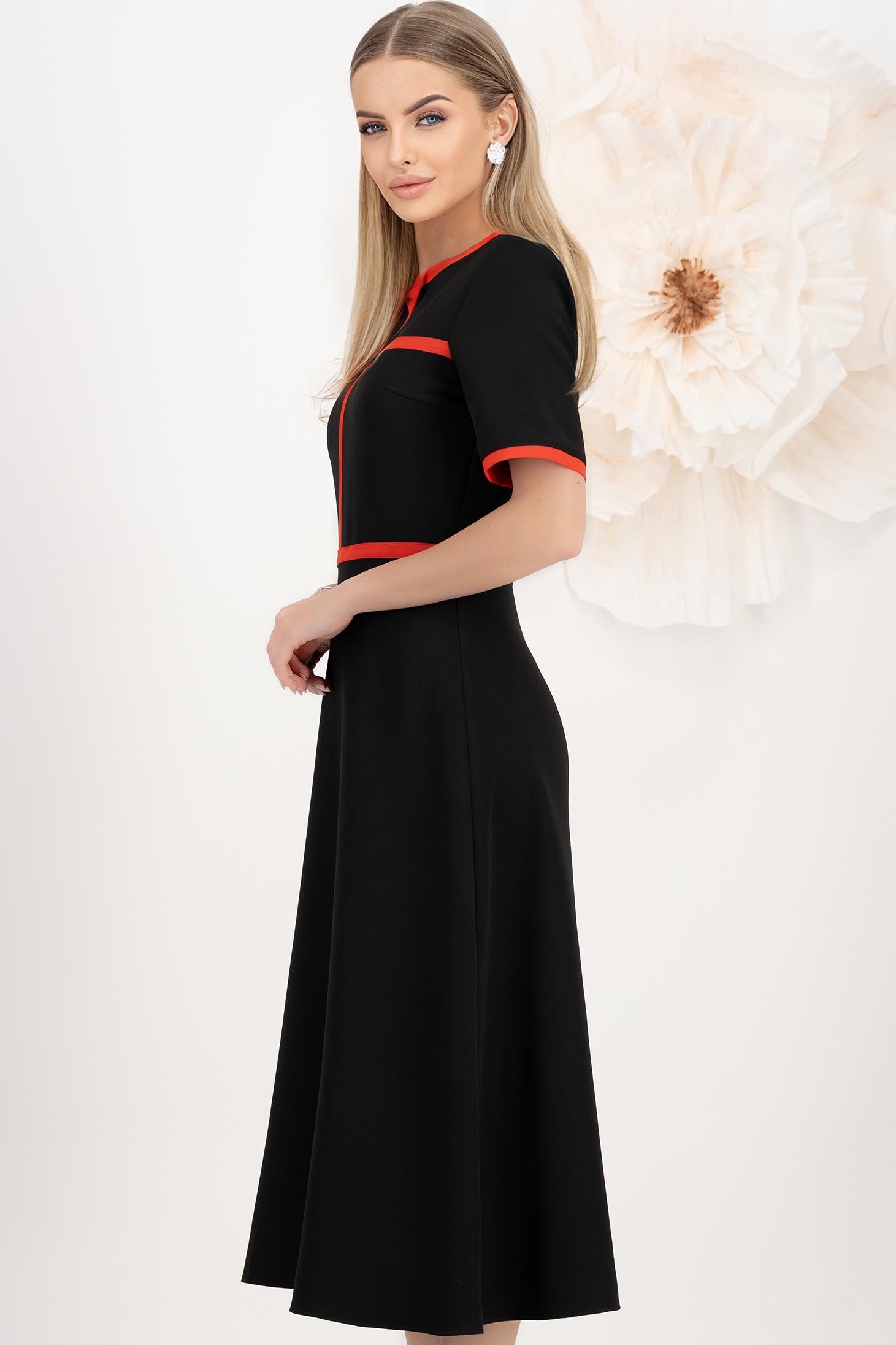 Rochie din stofa elastica neagra midi in clos accesorizata cu fundite contrastante - StarShinerS 2 - StarShinerS.ro
