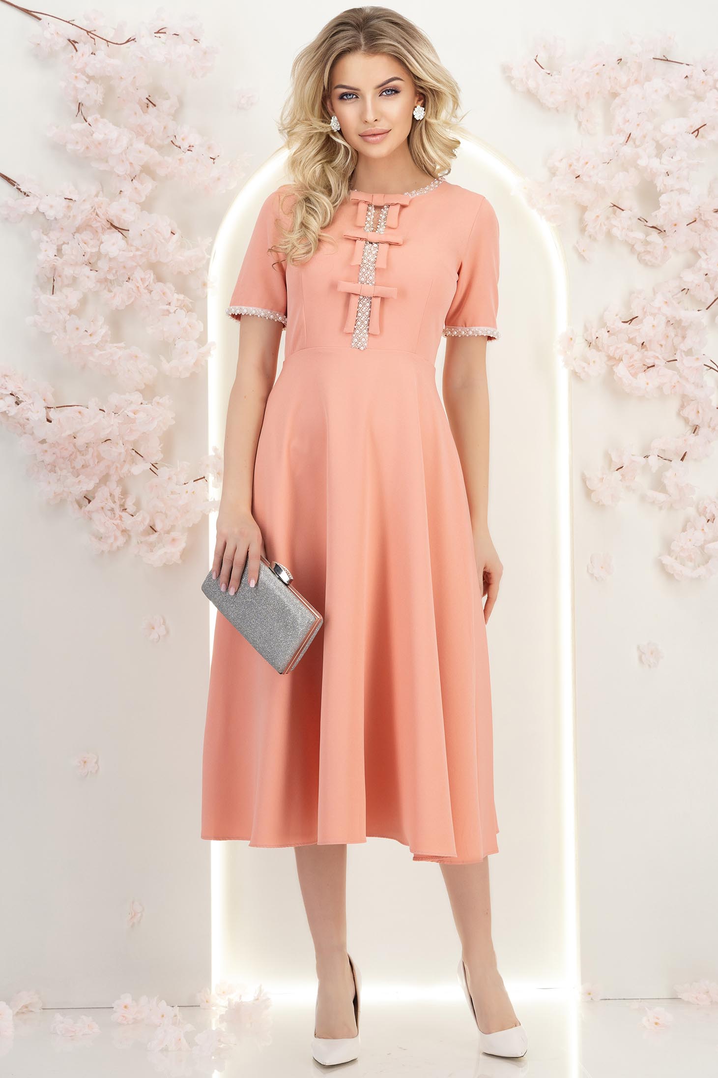 Rochie din stofa corai midi in clos cu fundite,perle si pietre strass- StarShinerS 4 - StarShinerS.ro