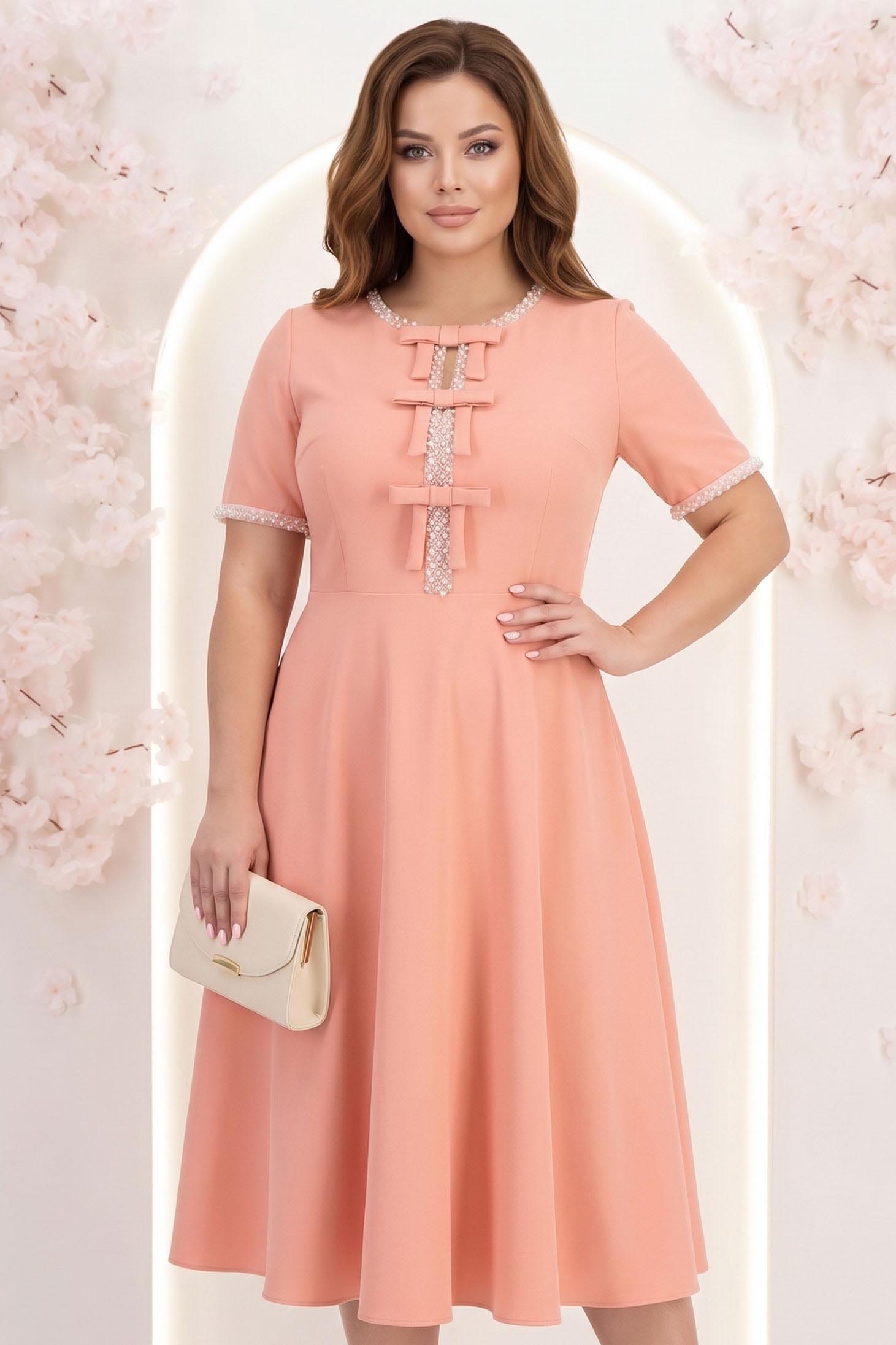 Rochie corai midi in clos cu fundite,perle si pietre strass- StarShinerS 3 - StarShinerS.ro