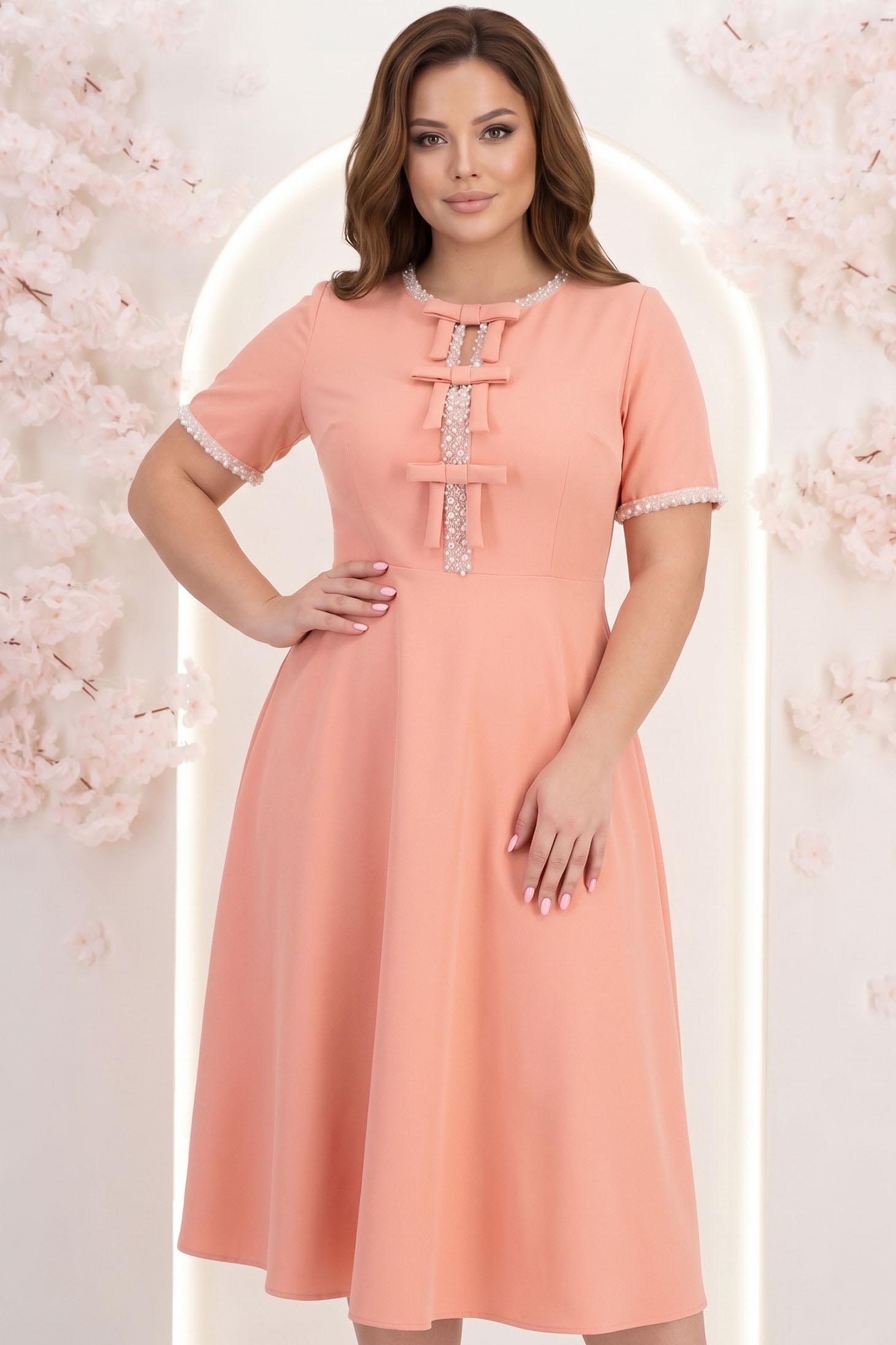 Rochie corai midi in clos cu fundite,perle si pietre strass- StarShinerS 1 - StarShinerS.ro
