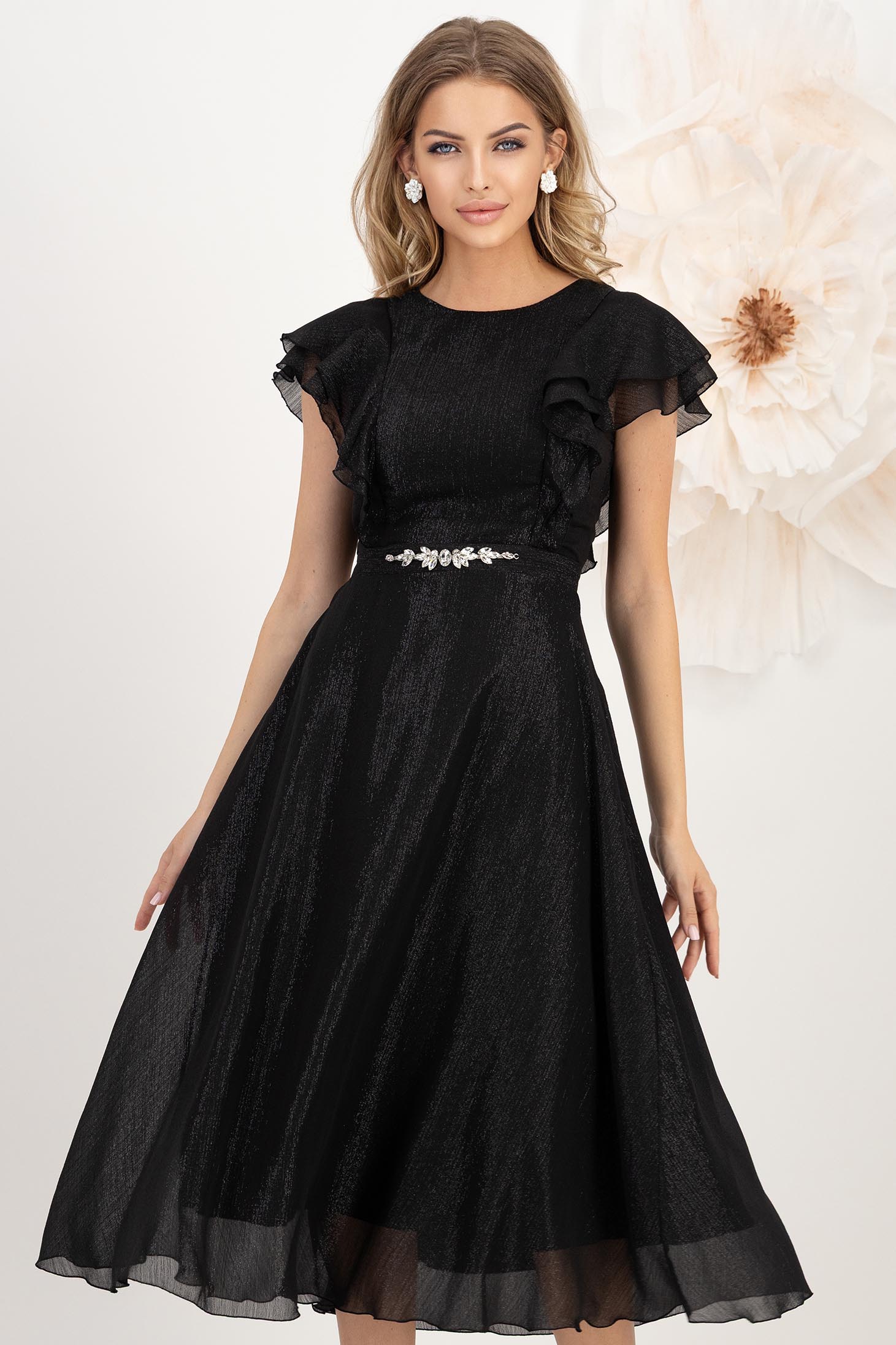 StarShinerS.ro Rochie din voal cu fir lame neagra midi in clos cu volanase - StarShinerS