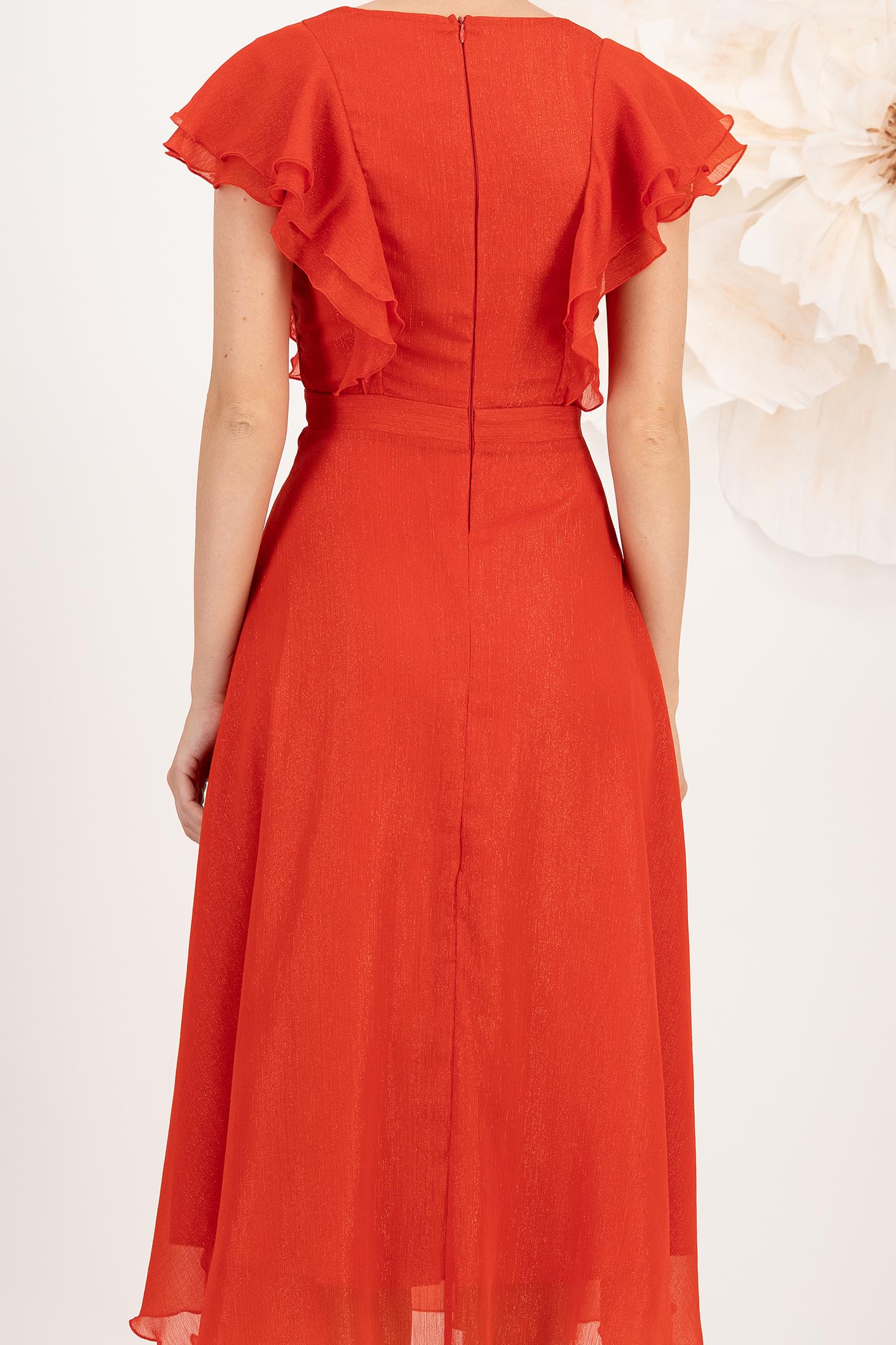 Rochie din voal cu fir lame rosie midi in clos cu volanase - StarShinerS 5 - StarShinerS.ro