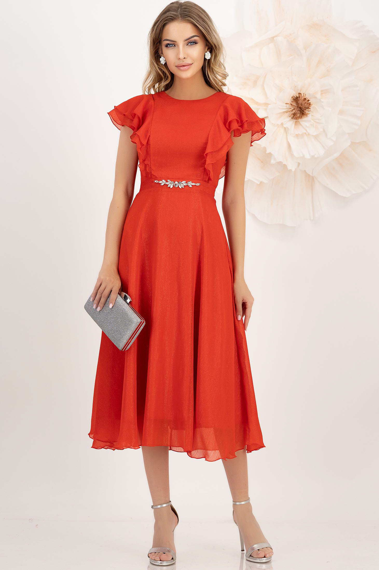 Rochie din voal cu fir lame rosie midi in clos cu volanase - StarShinerS 3 - StarShinerS.ro