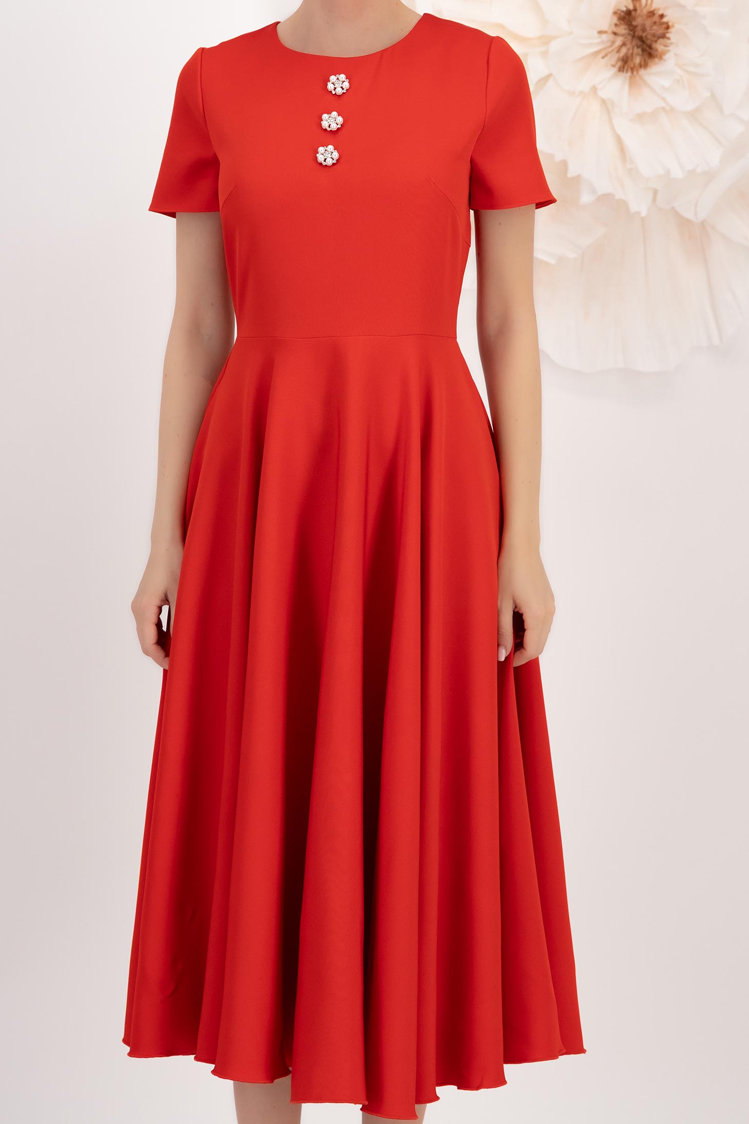 Rochie din stofa elastica rosie midi in clos cu nasturi decorativi si buzunare laterale - StarShinerS 4 - StarShinerS.ro