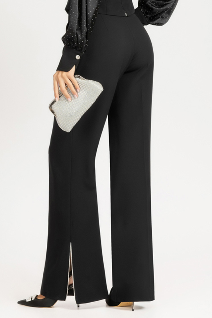Pantaloni lungi din stofa elastica neagra evazati cu fir stralucitor pe slitul lateral 4 - StarShinerS.ro
