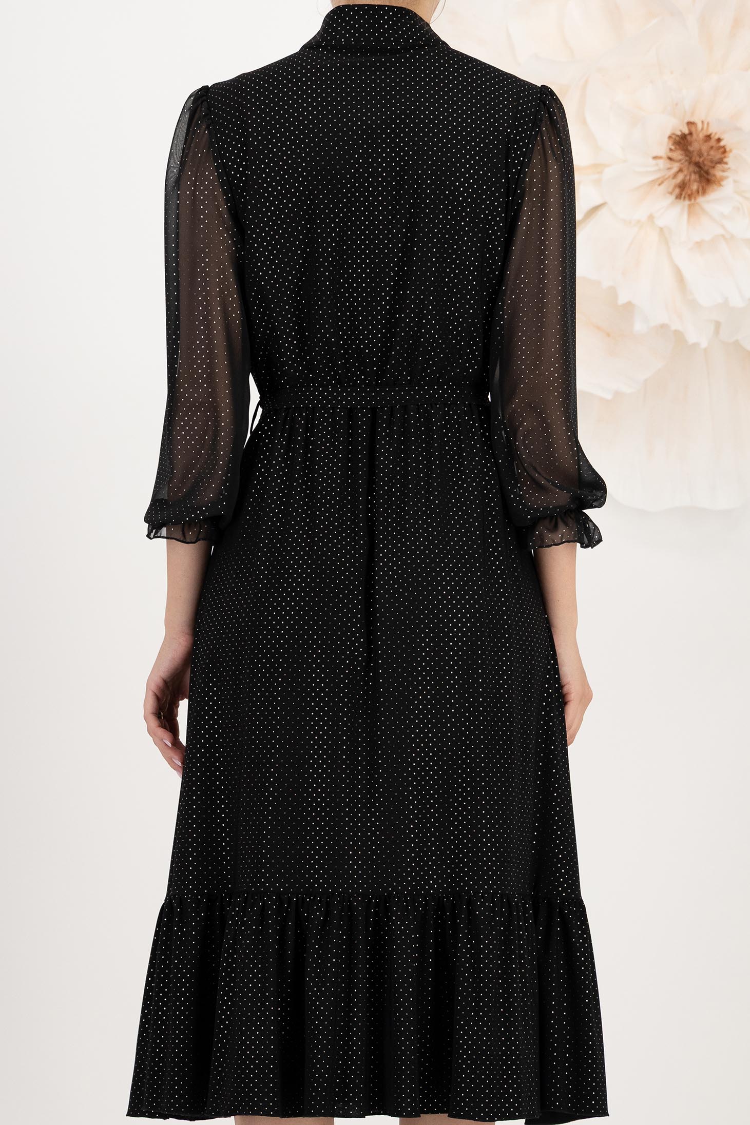 Rochie din lycra neagra midi in clos cu elastic in talie si maneci bufante din voal cu aplicatii stralucitoare - StarShinerS 6 - StarShinerS.ro