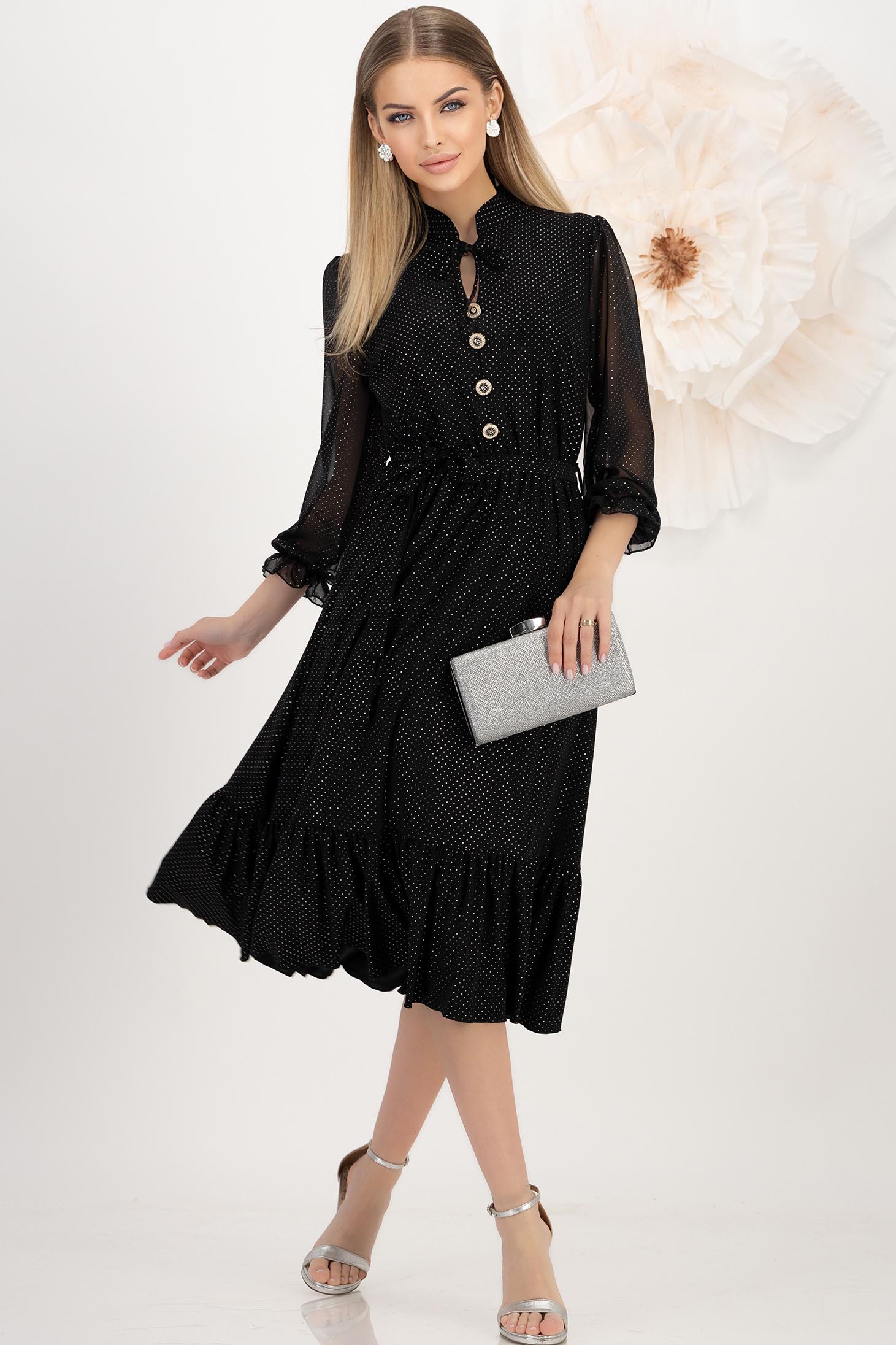 Rochie din lycra neagra midi in clos cu elastic in talie si maneci bufante din voal cu aplicatii stralucitoare - StarShinerS 2 - StarShinerS.ro