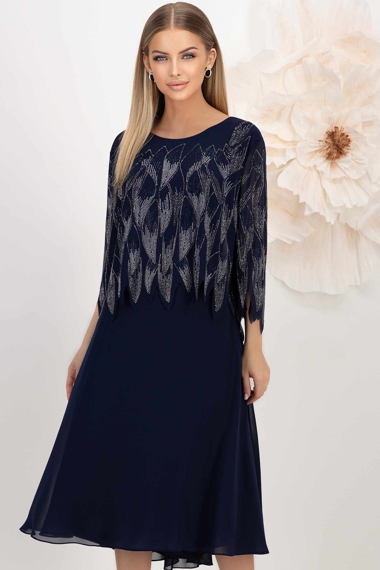 Rochie din voal bleumarin midi in clos cu capa nedetasabila cu aplicatii stralucitoare 2 - StarShinerS.ro