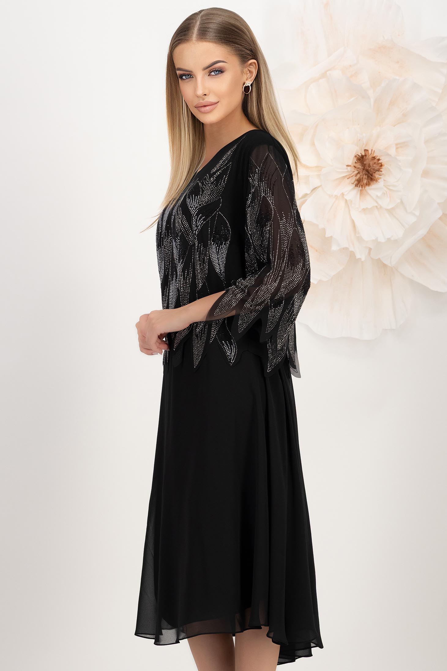 Rochie din voal neagra midi in clos cu capa nedetasabila cu aplicatii stralucitoare 2 - StarShinerS.ro