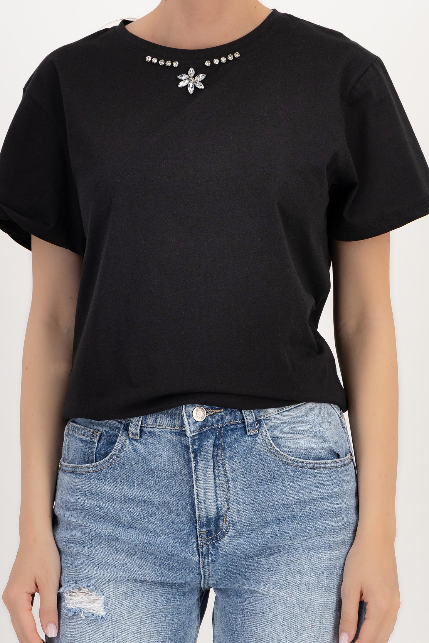 Tricou din bumbac negru cu croi larg si aplicatii cu pietre strass stralucitoare 4 - StarShinerS.ro