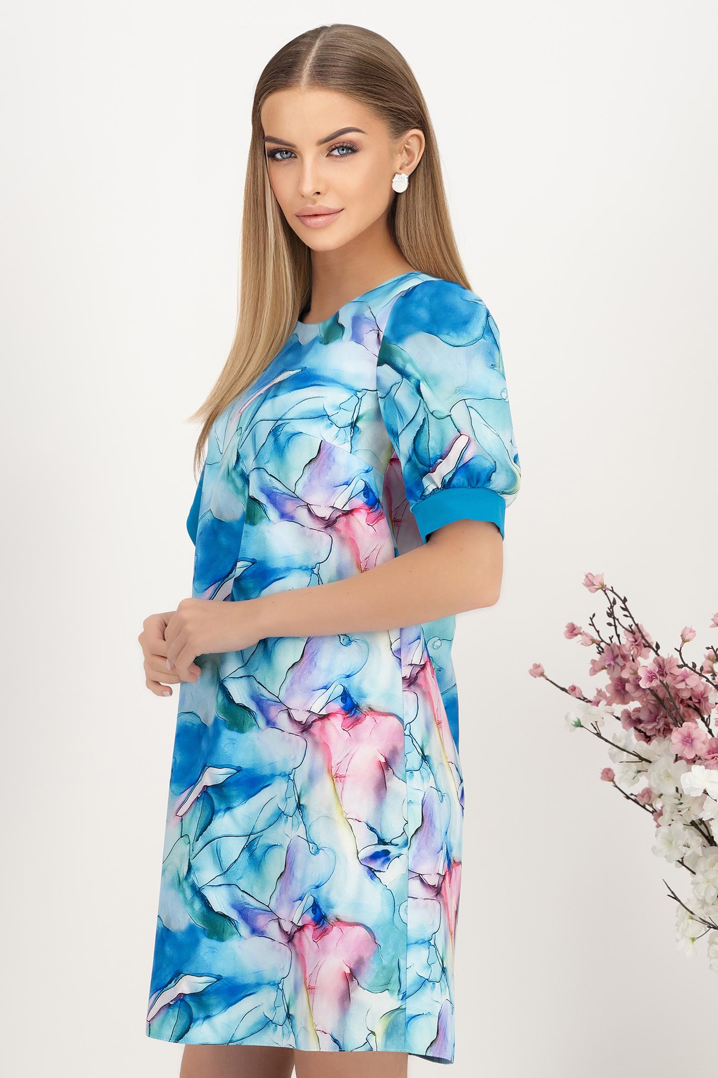 Rochie din stofa elastica scurta cu croi larg si volanas contrastant - StarShinerS 2 - StarShinerS.ro