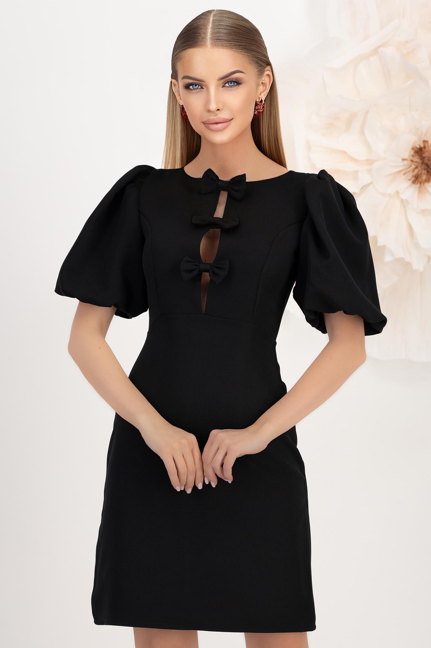 StarShinerS.ro Rochie din stofa elastica neagra scurta tip creion cu maneci bufante accesorizata cu fundite - StarShinerS