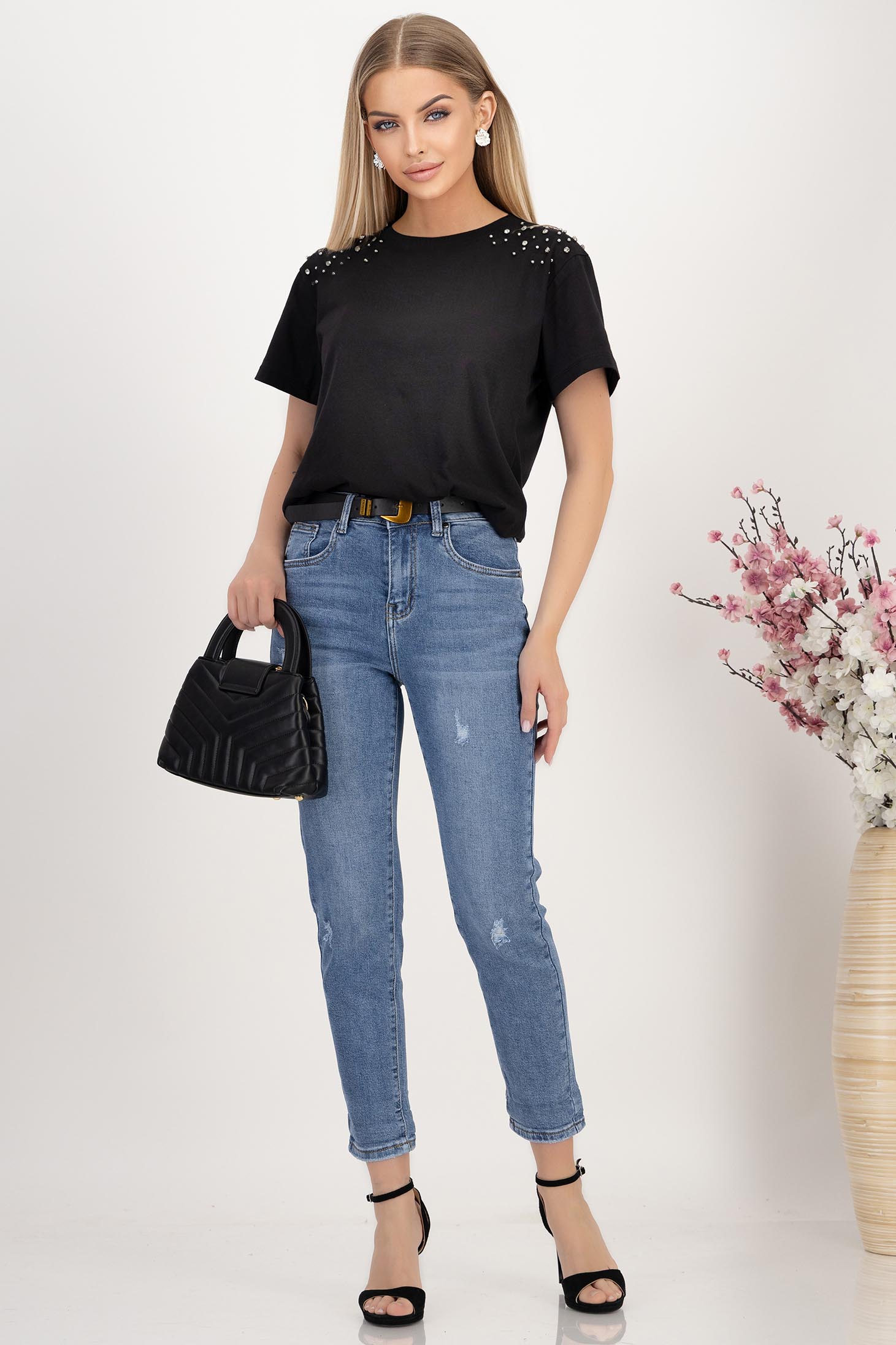 Blugi lungi MomFit albastri cu talie inalta si accesoriu tip curea 2 - StarShinerS.ro