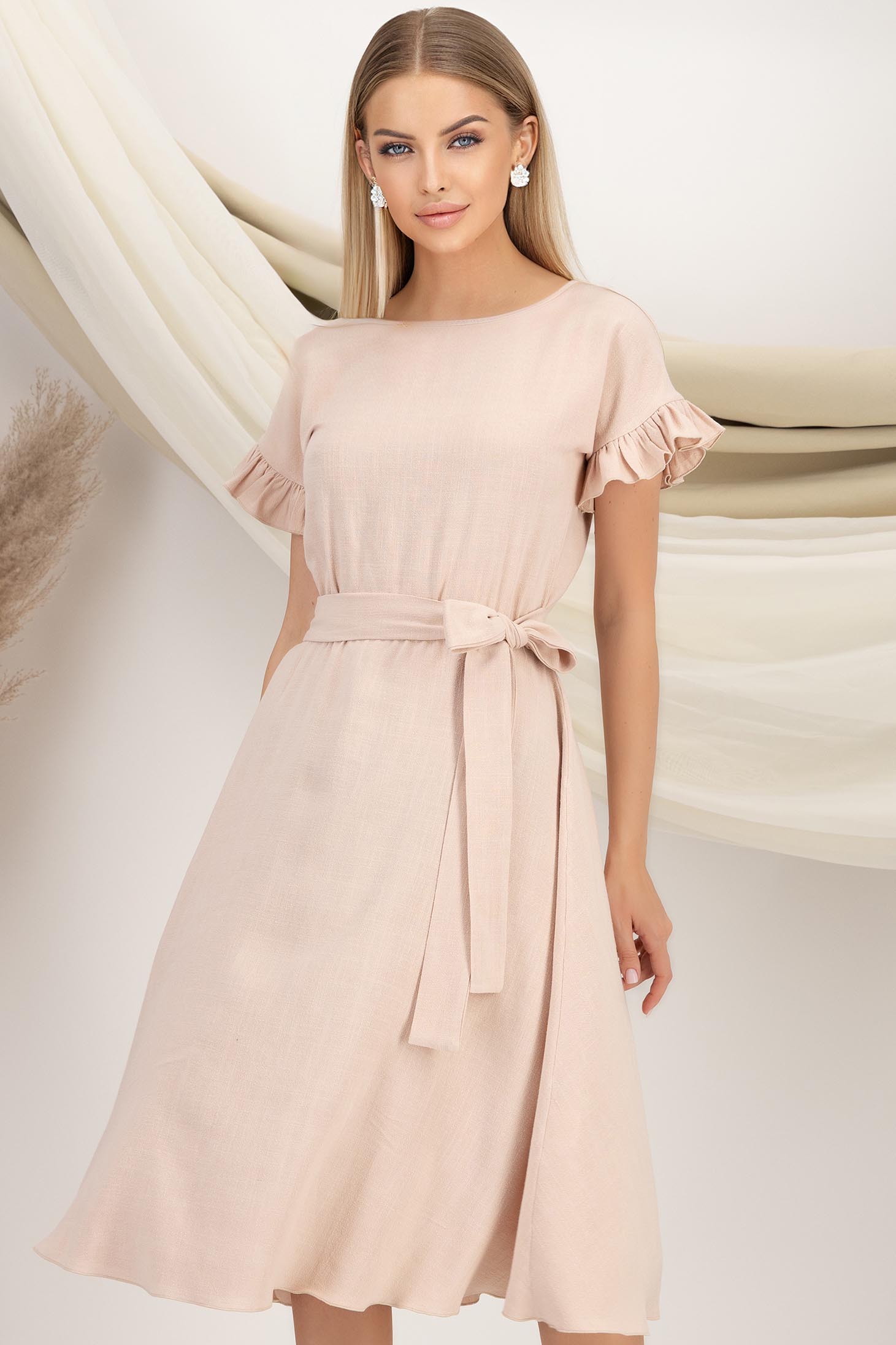StarShinerS.ro Rochie din in si viscoza bej midi in clos cu elastic in talie si volanase la maneci - StarShinerS