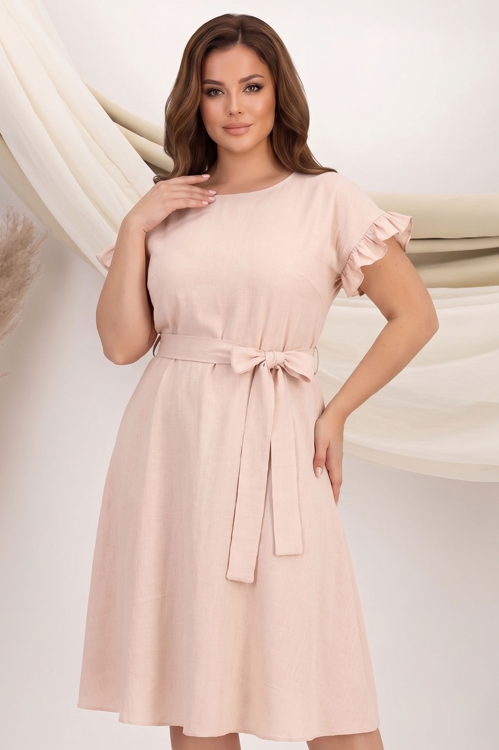 Rochie din in si viscoza bej midi in clos cu elastic in talie si volanase la maneci - StarShinerS 1 - StarShinerS.ro