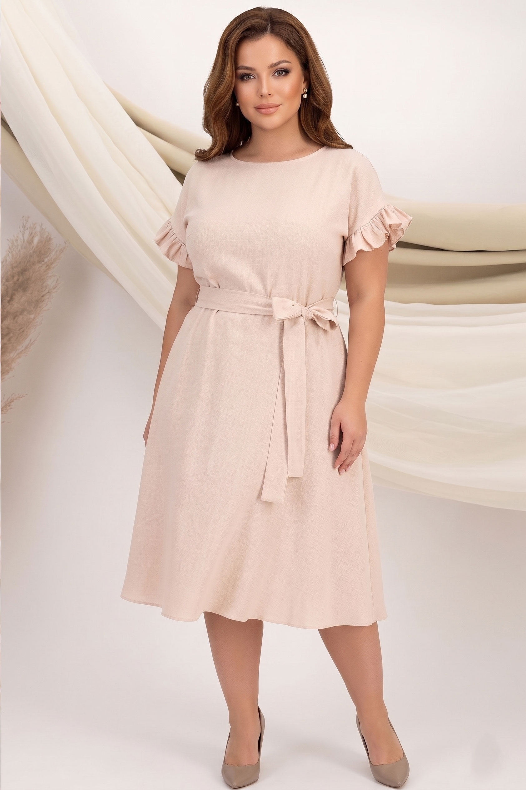 Rochie din in si viscoza bej midi in clos cu elastic in talie si volanase la maneci - StarShinerS 4 - StarShinerS.ro