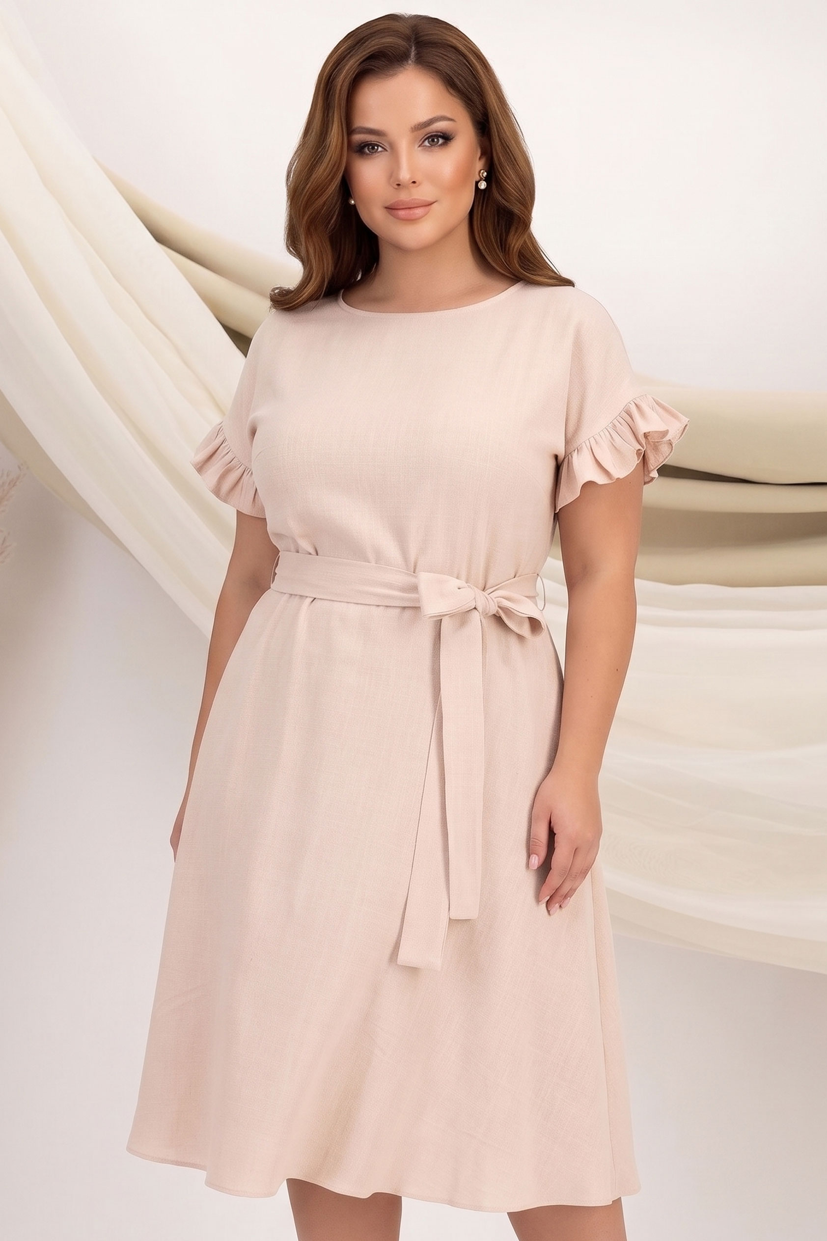 Rochie din in si viscoza bej midi in clos cu elastic in talie si volanase la maneci - StarShinerS 2 - StarShinerS.ro