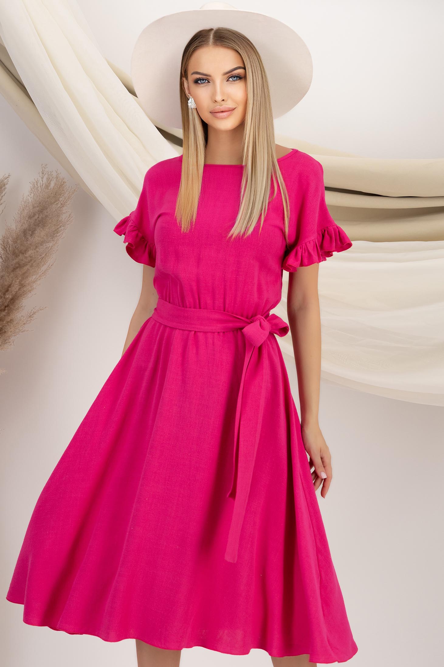 StarShinerS.ro Rochie din in si viscoza roz midi in clos cu elastic in talie si volanase la maneci - StarShinerS