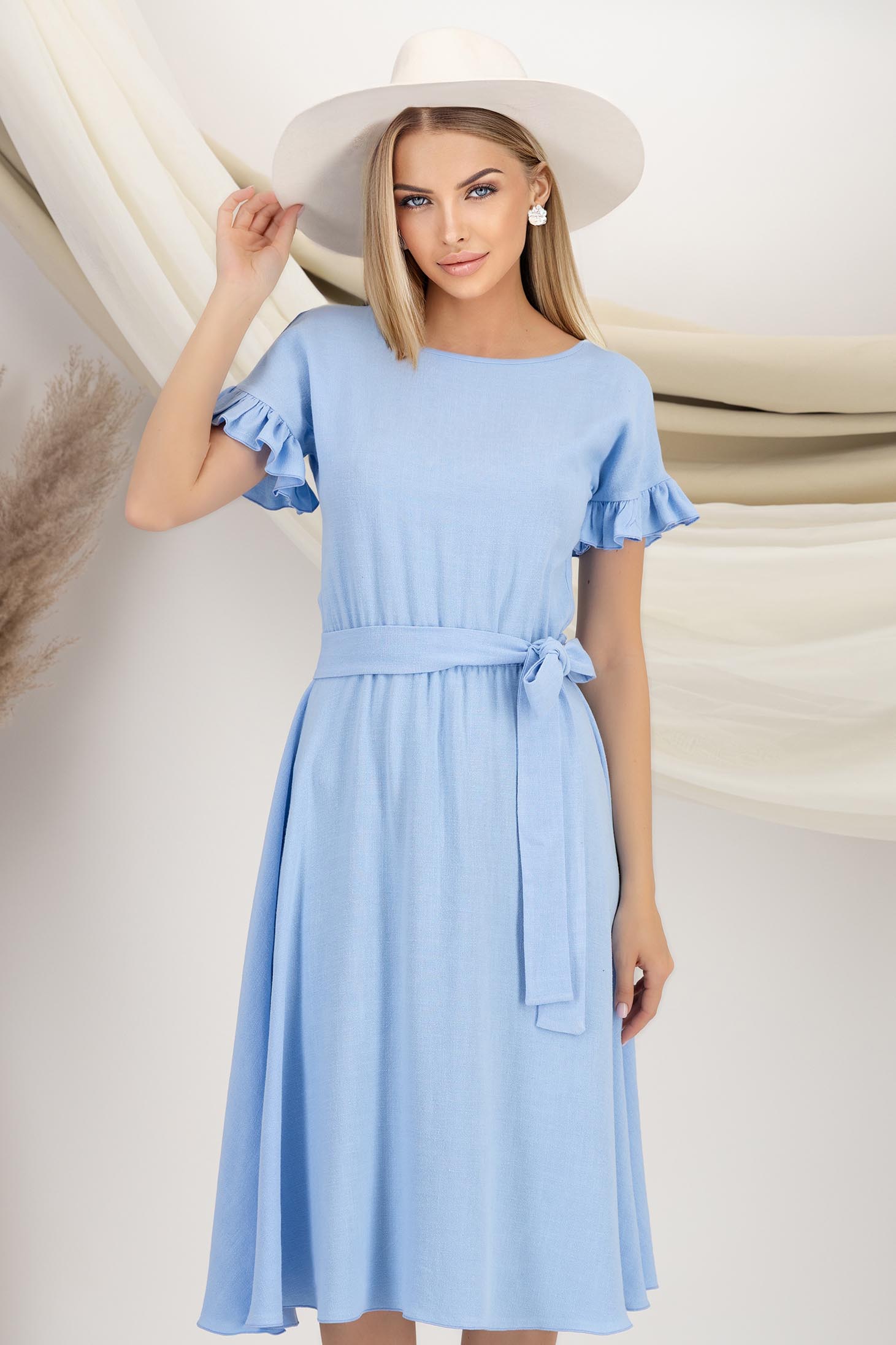 StarShinerS.ro Rochie din in si viscoza albastru-deschis midi in clos cu elastic in talie si volanase la maneci - StarShinerS