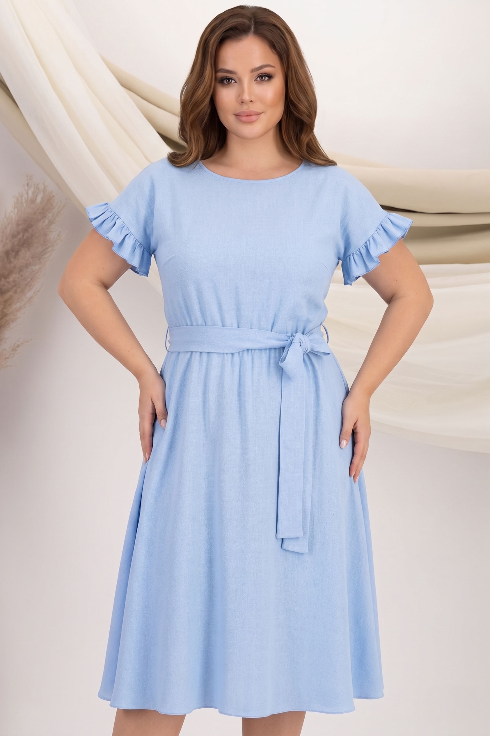 Rochie din in si viscoza albastru-deschis midi in clos cu elastic in talie si volanase la maneci - StarShinerS 2 - StarShinerS.ro