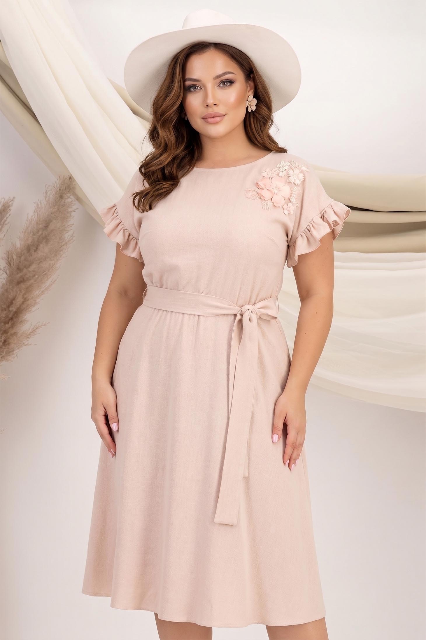 Rochie din viscoza si in bej midi in clos cu elastic in talie si aplicatie florala - StarShinerS 1 - StarShinerS.ro