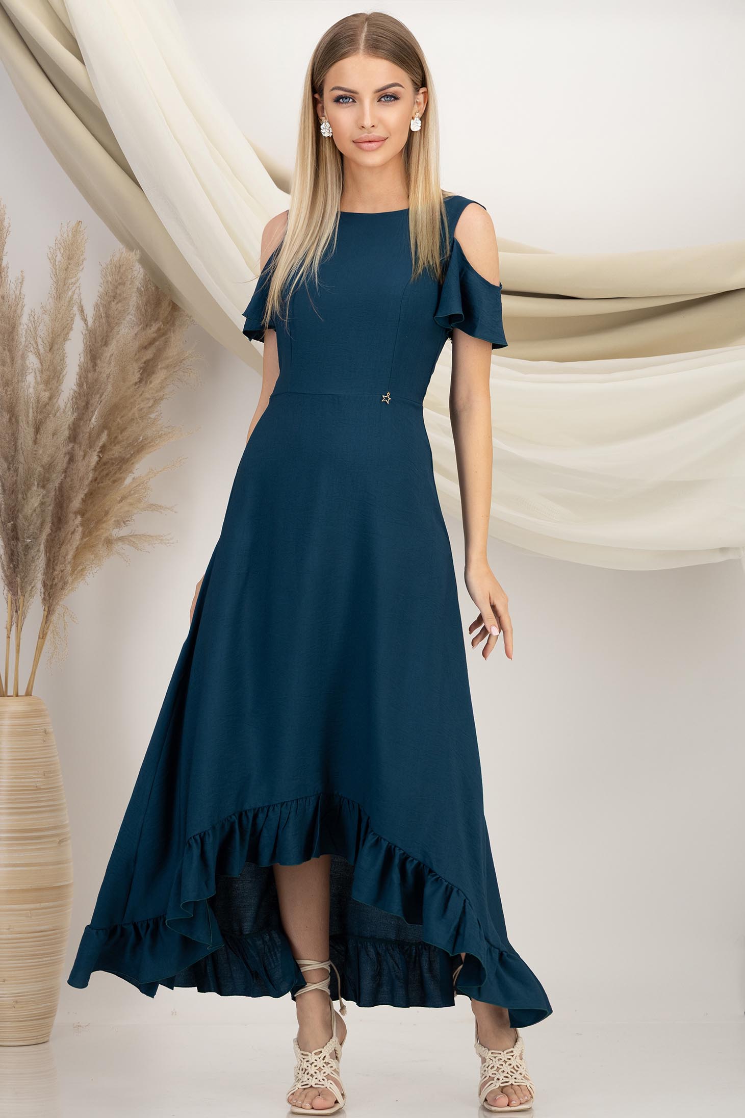 StarShinerS.ro Rochie din viscoza verde petrol midi asimetrica in clos cu umeri decupati si volanas - StarShinerS