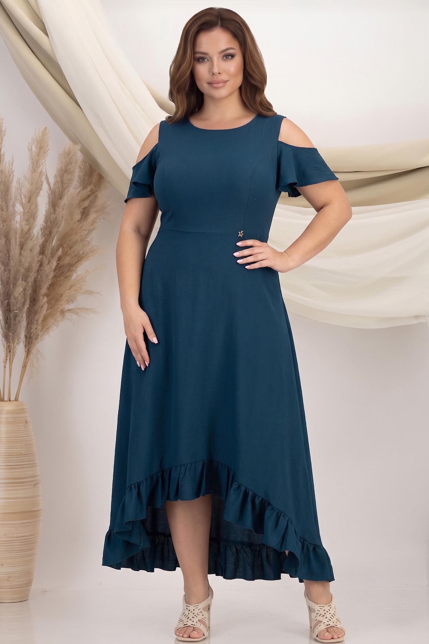 Rochie din viscoza verde petrol midi asimetrica in clos cu umeri decupati si volanas - StarShinerS 1 - StarShinerS.ro