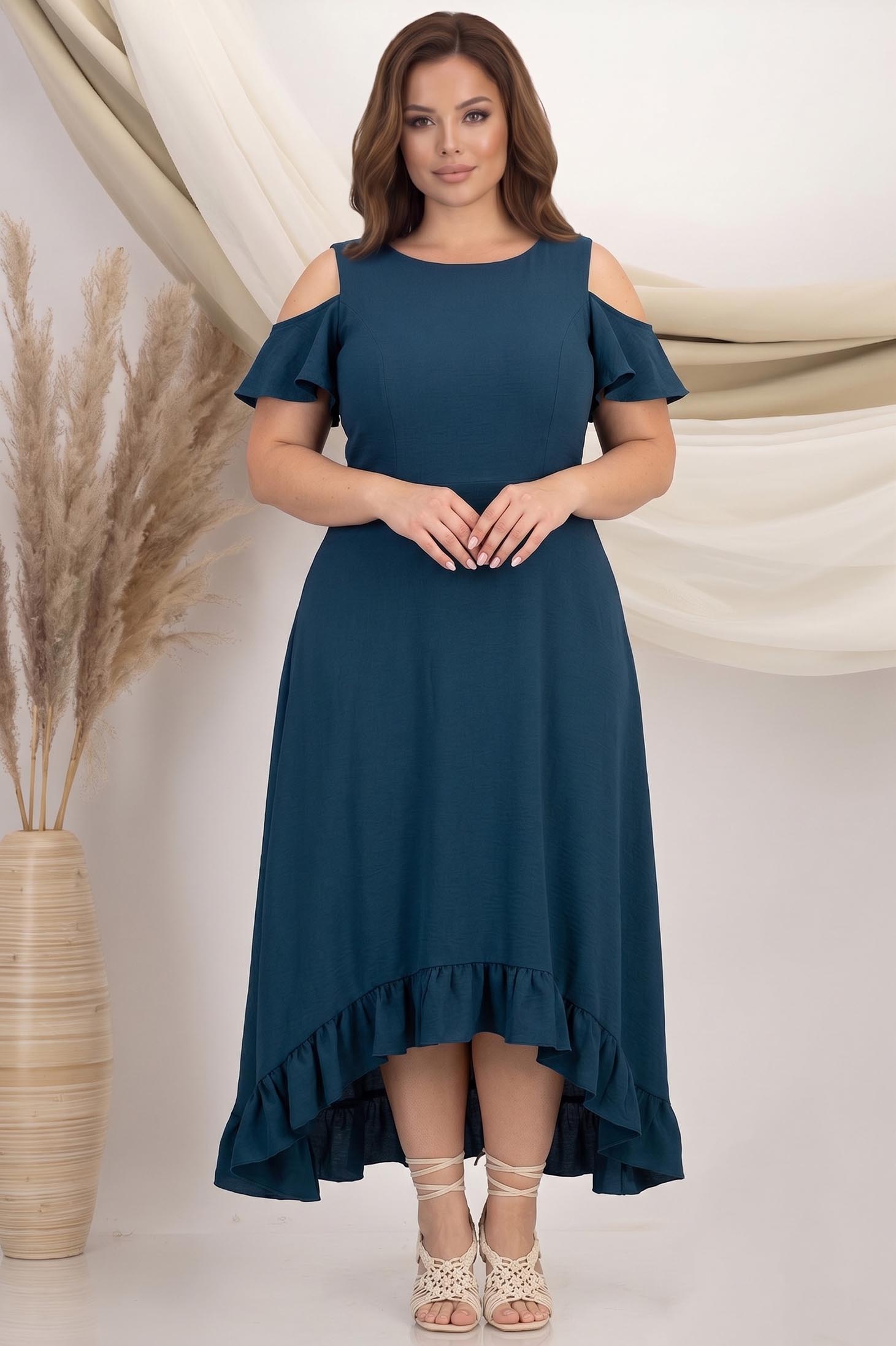 Rochie din viscoza verde petrol midi asimetrica in clos cu umeri decupati si volanas - StarShinerS 3 - StarShinerS.ro