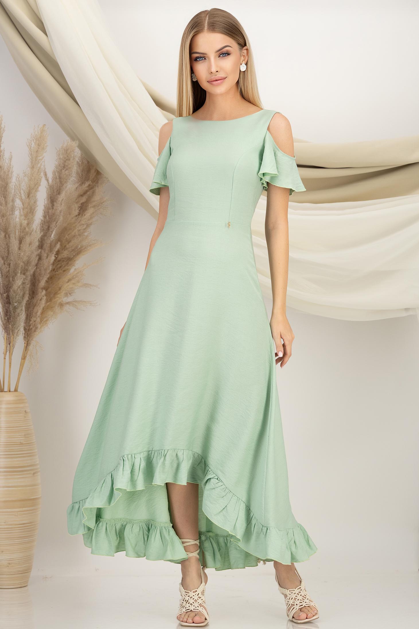 StarShinerS.ro Rochie din viscoza mint midi asimetrica in clos cu umeri decupati si volanas - StarShinerS