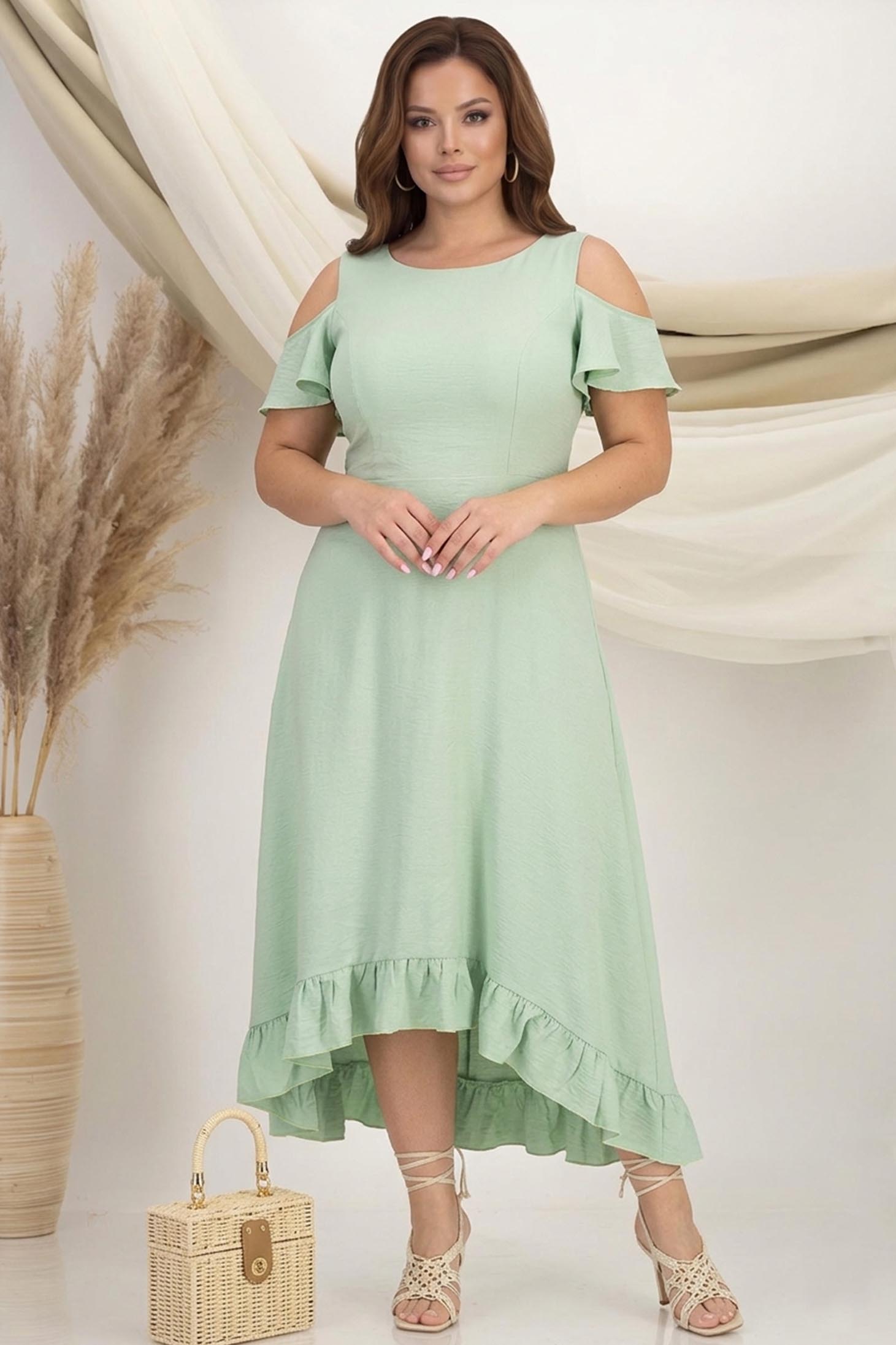 Rochie din viscoza mint midi asimetrica in clos cu umeri decupati si volanas - StarShinerS 1 - StarShinerS.ro