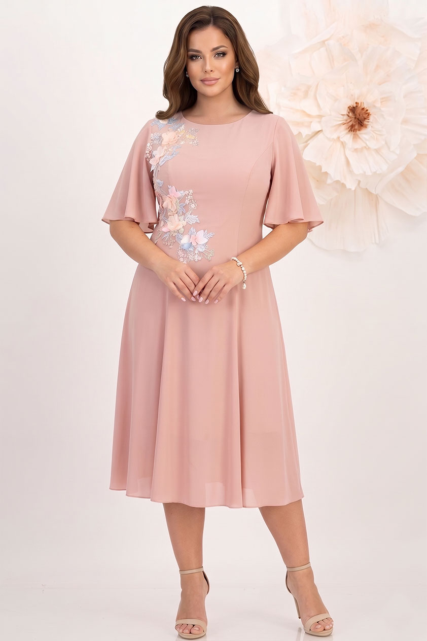 Rochie din voal roz pudra midi in clos cu aplicatii de dantela cu efect 3d - StarShinerS 3 - StarShinerS.ro