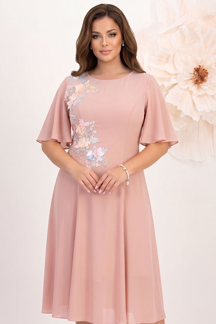 Rochie din voal roz pudra midi in clos cu aplicatii de dantela cu efect 3d - StarShinerS 2 - StarShinerS.ro