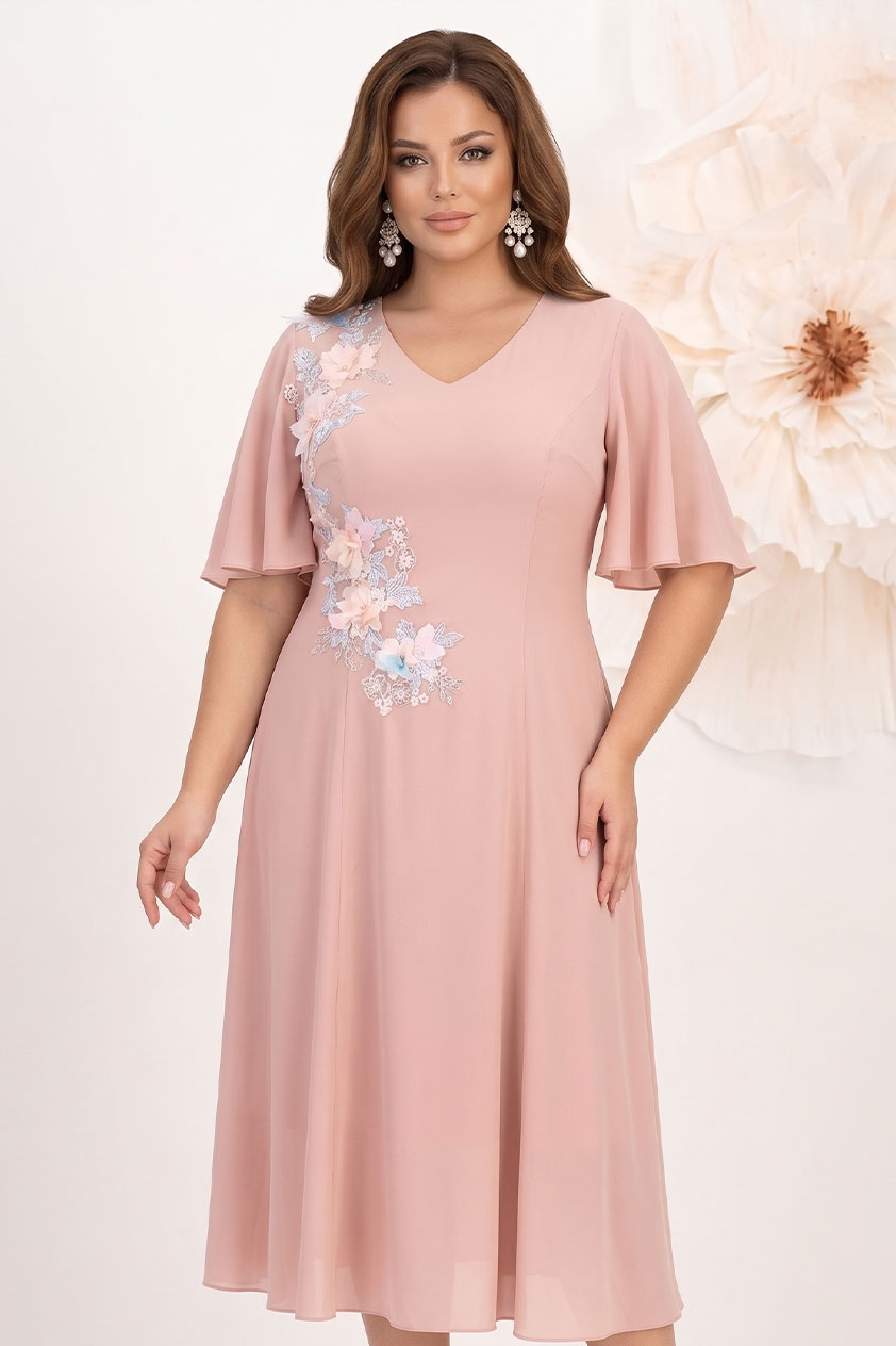 Rochie din voal roz pudra midi in clos cu aplicatii de dantela cu efect 3d - StarShinerS 1 - StarShinerS.ro