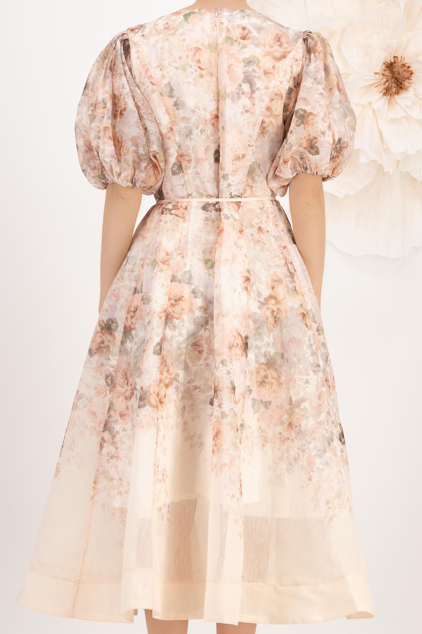 Rochie din bumbac subtire roz pudra midi in clos cu maneci bufante si buzunare laterale 5 - StarShinerS.ro