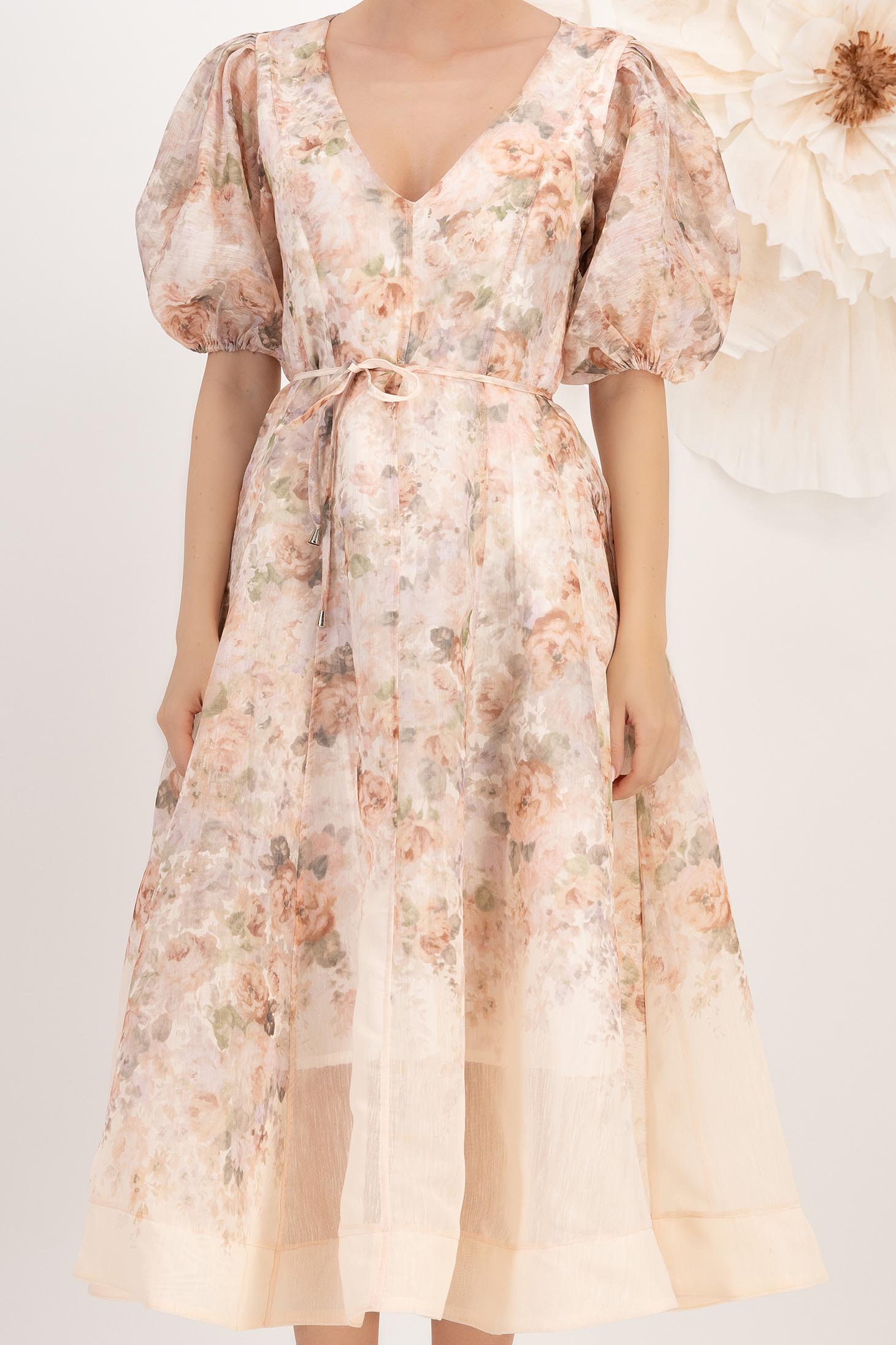 Rochie din bumbac subtire roz pudra midi in clos cu maneci bufante si buzunare laterale 4 - StarShinerS.ro