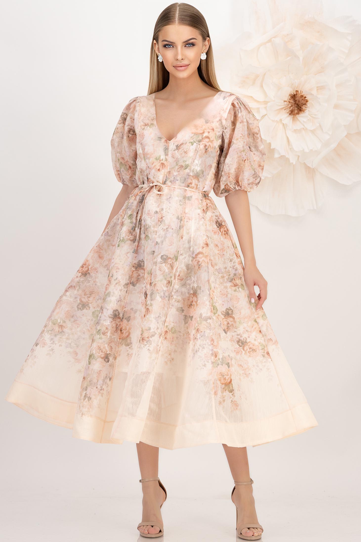 Rochie din bumbac subtire roz pudra midi in clos cu maneci bufante si buzunare laterale 3 - StarShinerS.ro