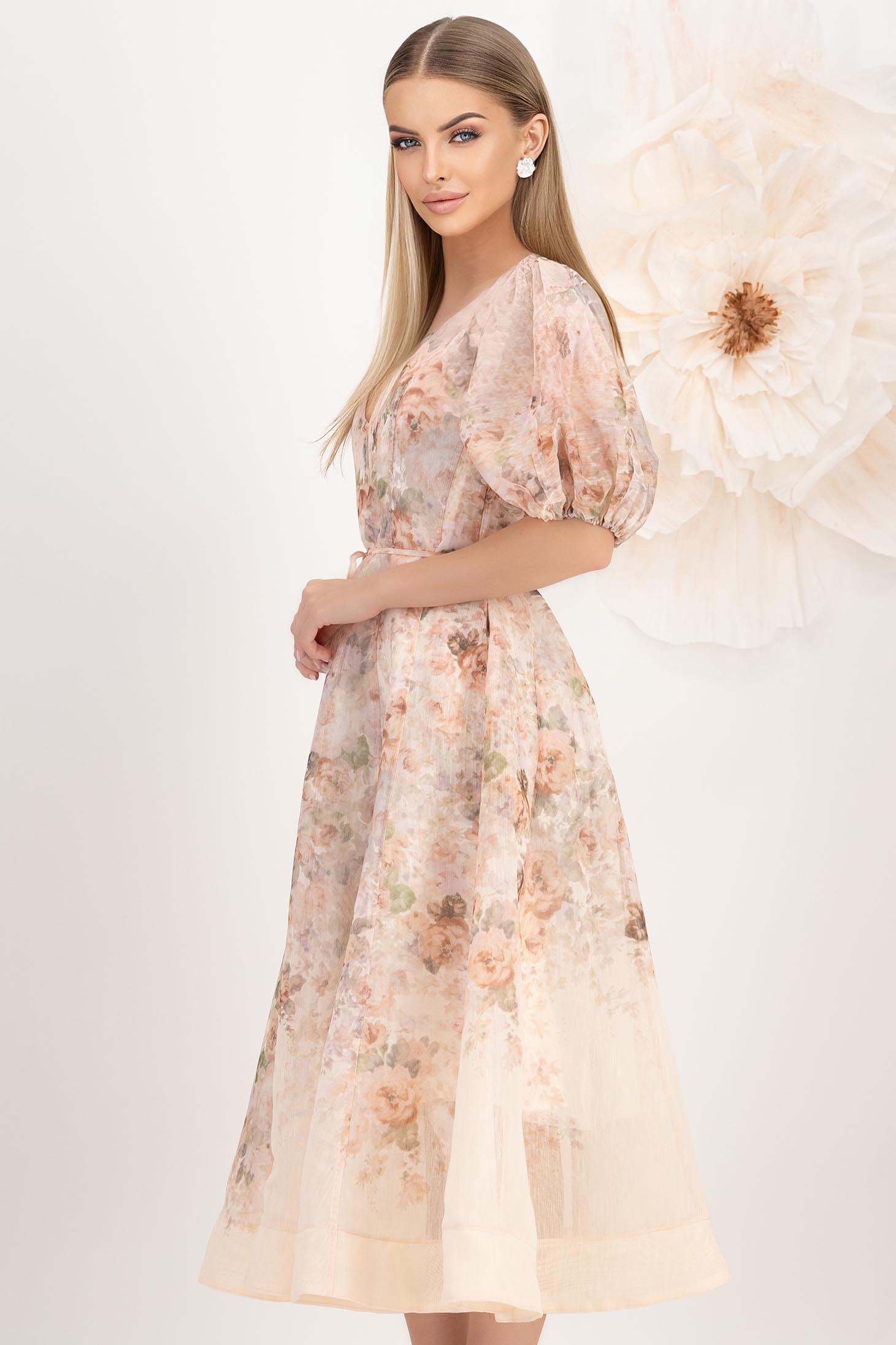 Rochie din bumbac subtire roz pudra midi in clos cu maneci bufante si buzunare laterale 2 - StarShinerS.ro