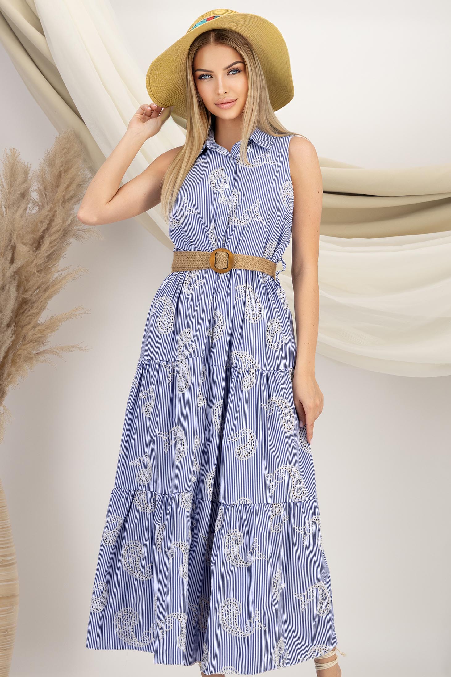 StarShinerS.ro Rochie tip camasa din bumbac albastra midi cu accesoriu tip curea