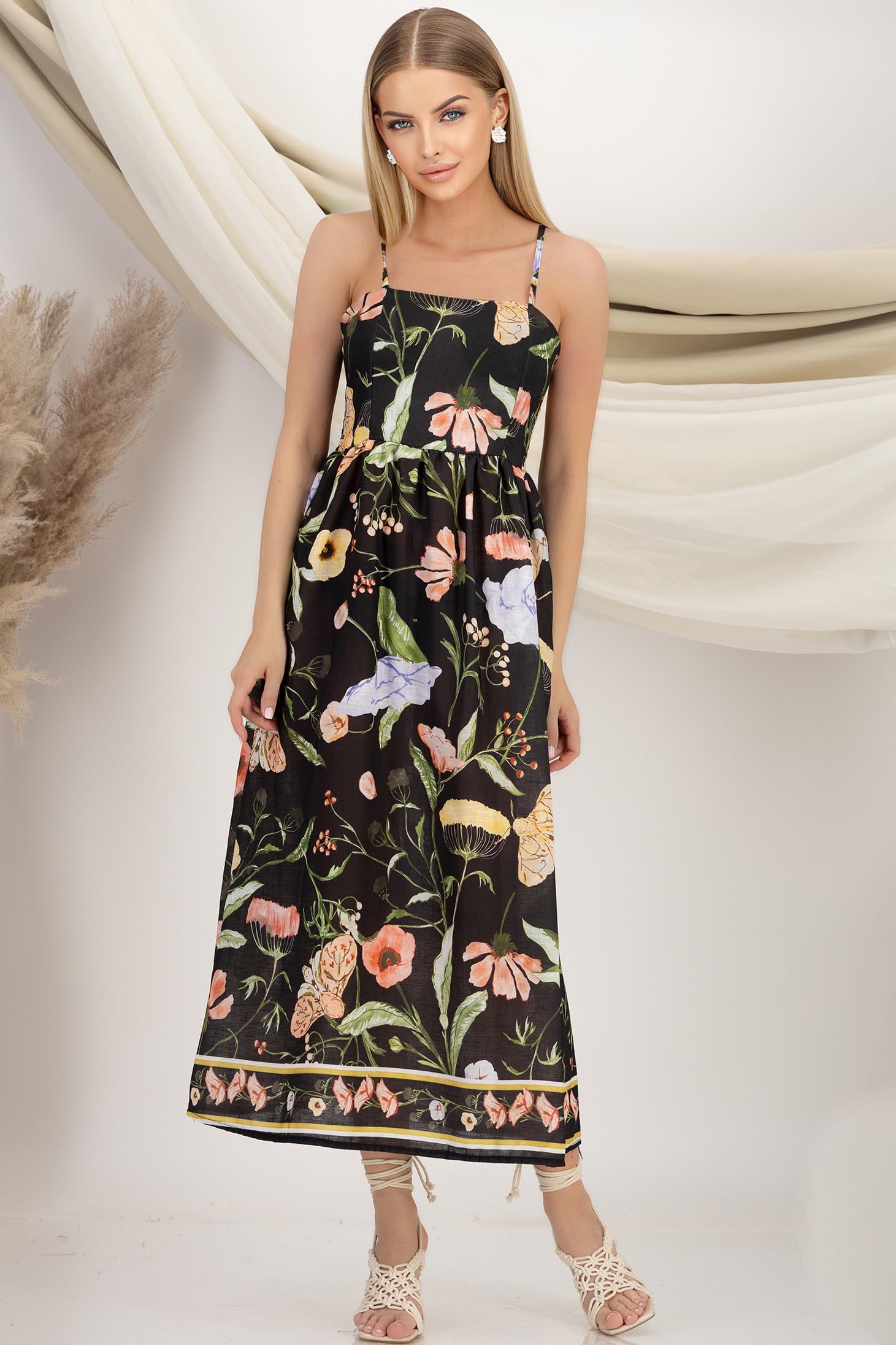 StarShinerS.ro Rochie din material subtire tip in neagra midi in clos cu elastic in spate