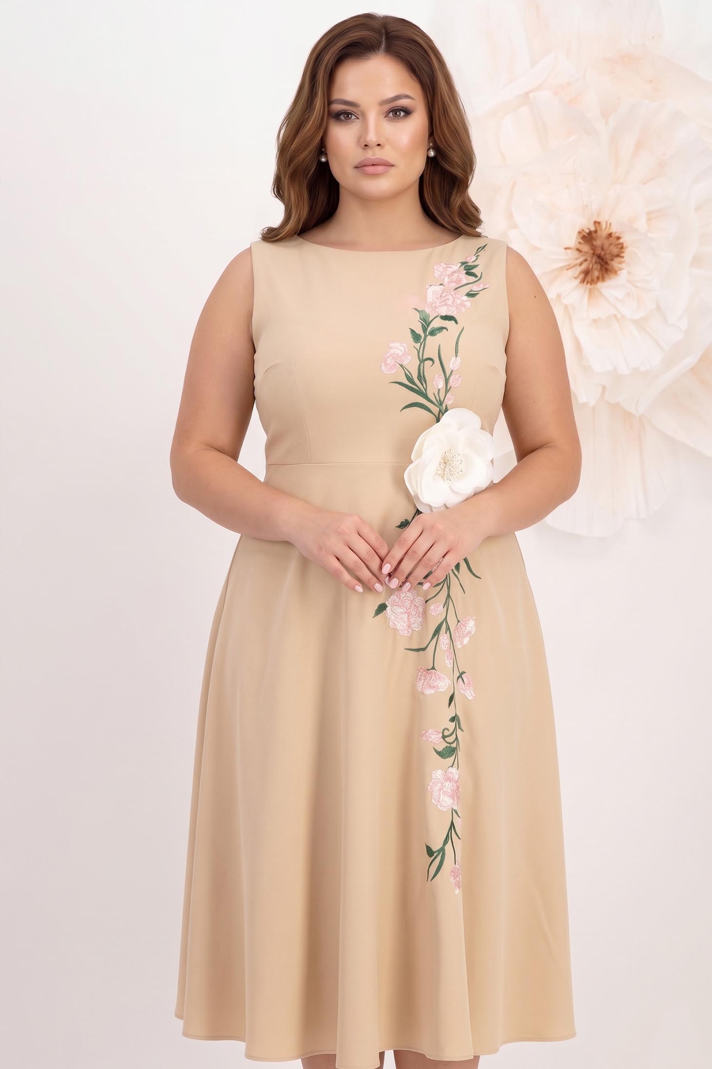 Rochie din stofa elastica bej midi in clos cu detalii brodate si brosa maxi florala - StarShinerS 1 - StarShinerS.ro