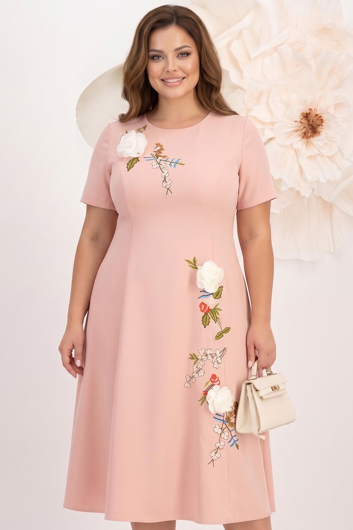 Rochie roz pudra midi in clos cu detalii brodate si flori 3D - StarShinerS 1 - StarShinerS.ro
