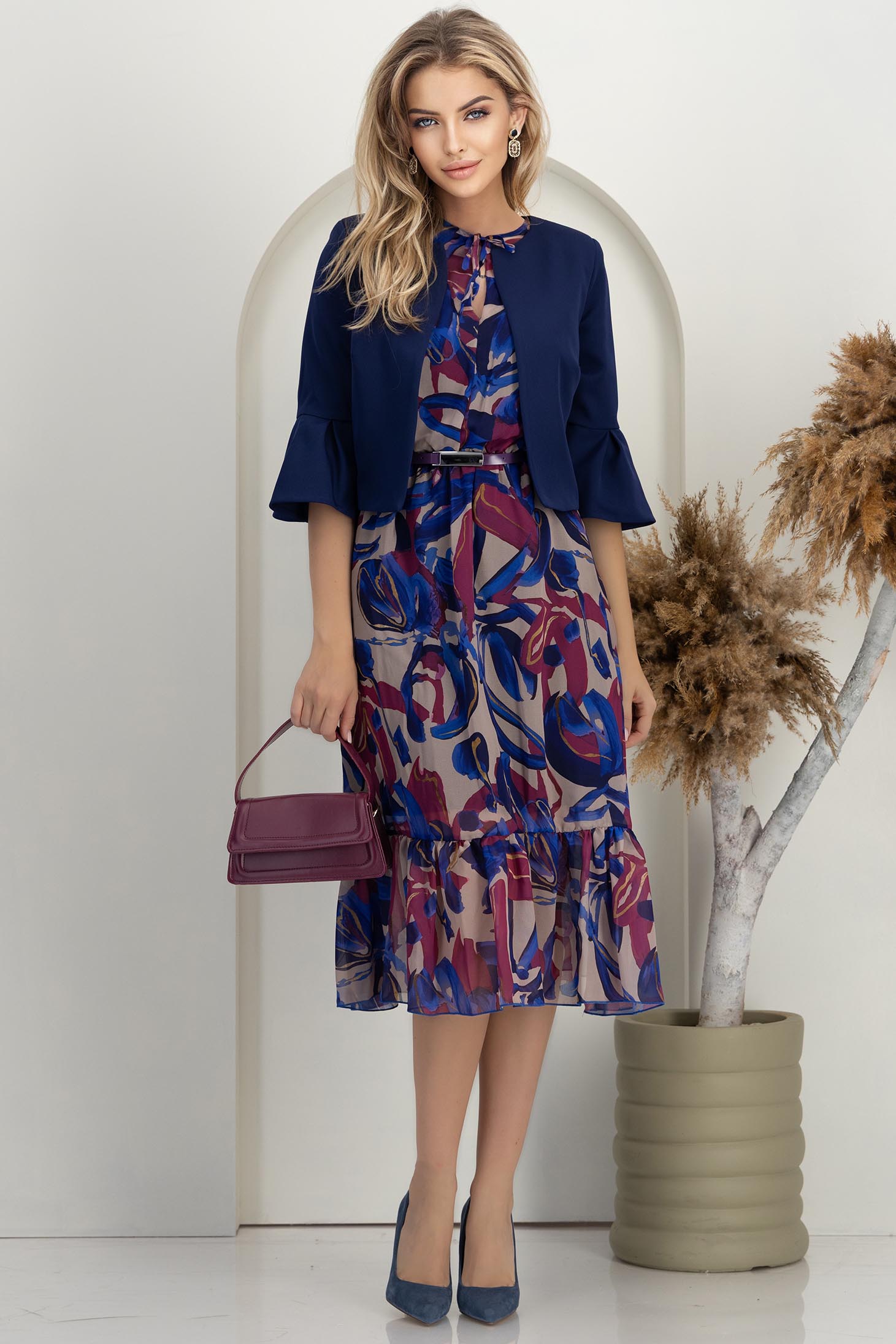 StarShinerS.ro Rochie din voal mov midi in clos cu elastic in talie si volanase la maneca - StarShinerS