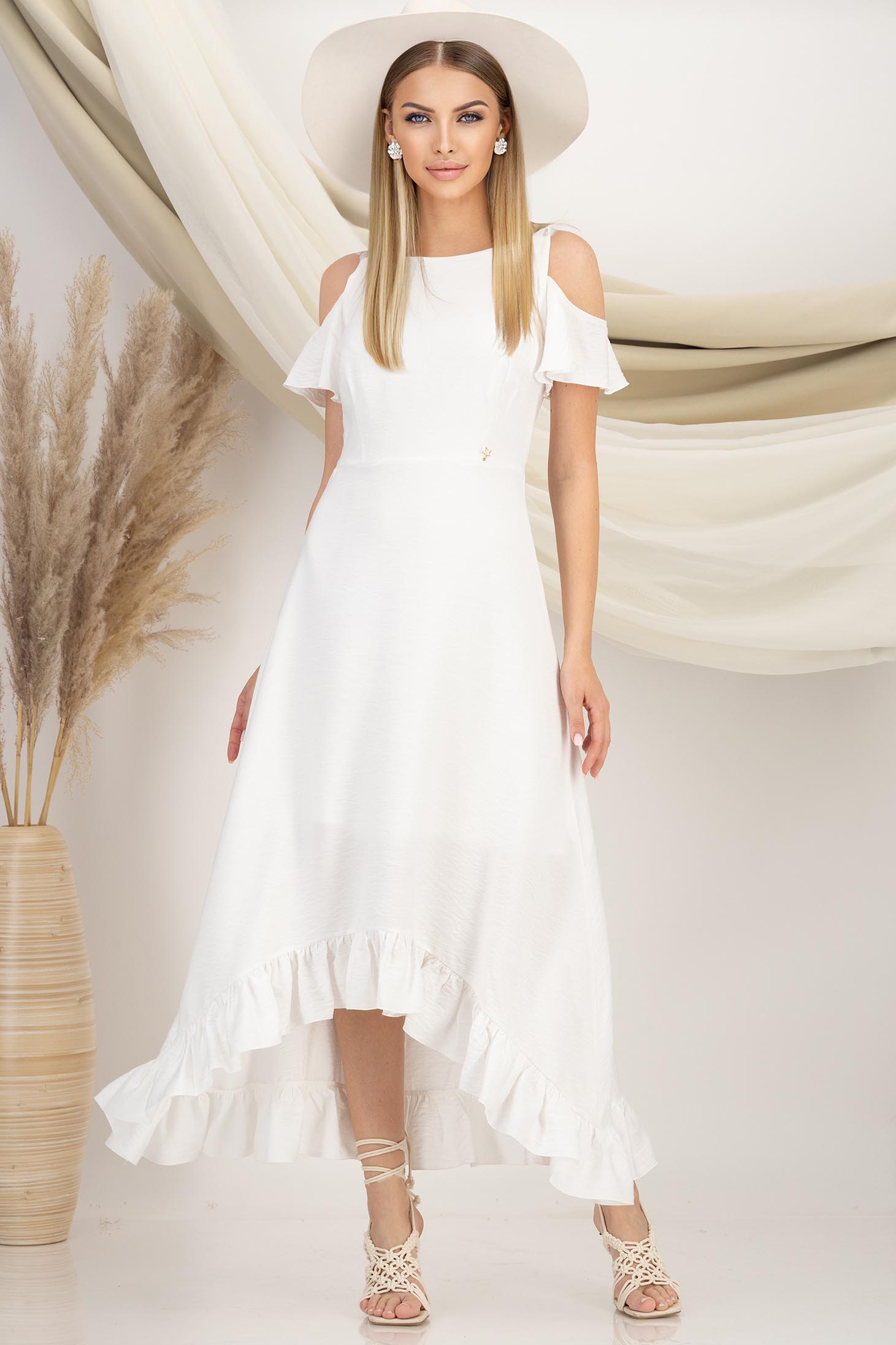 StarShinerS.ro Rochie asimetrica din viscoza ivoire midi in clos cu volanase - StarShinerS