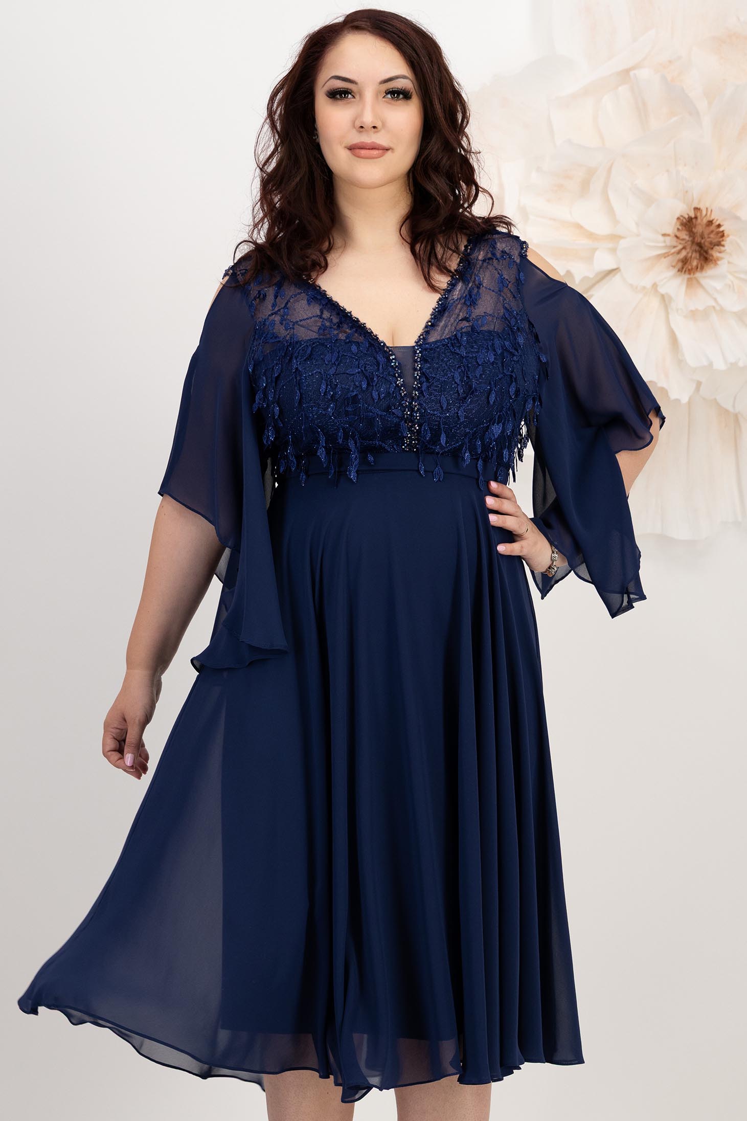 StarShinerS.ro Rochie din voal si dantela bleumarin midi in clos cu maneci din voal tip fluture