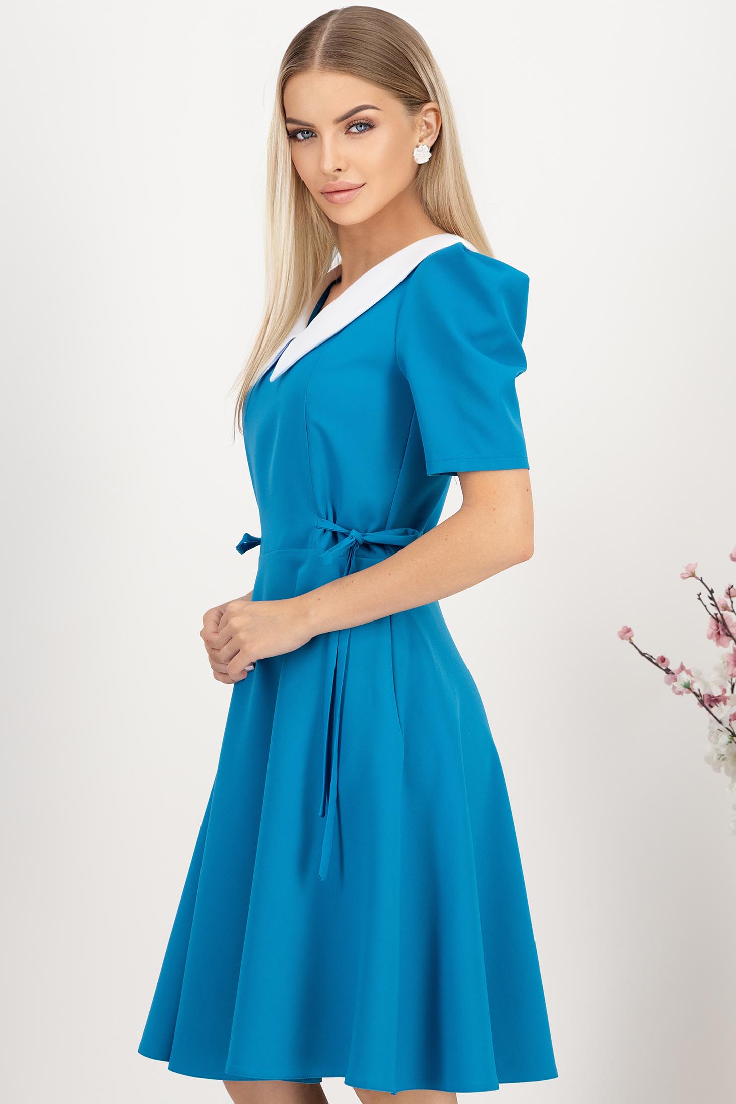 Rochie din stofa elastica albastru petrol midi in clos cu buzunare laterale si guler contrastant - StarShinerS 2 - StarShinerS.ro