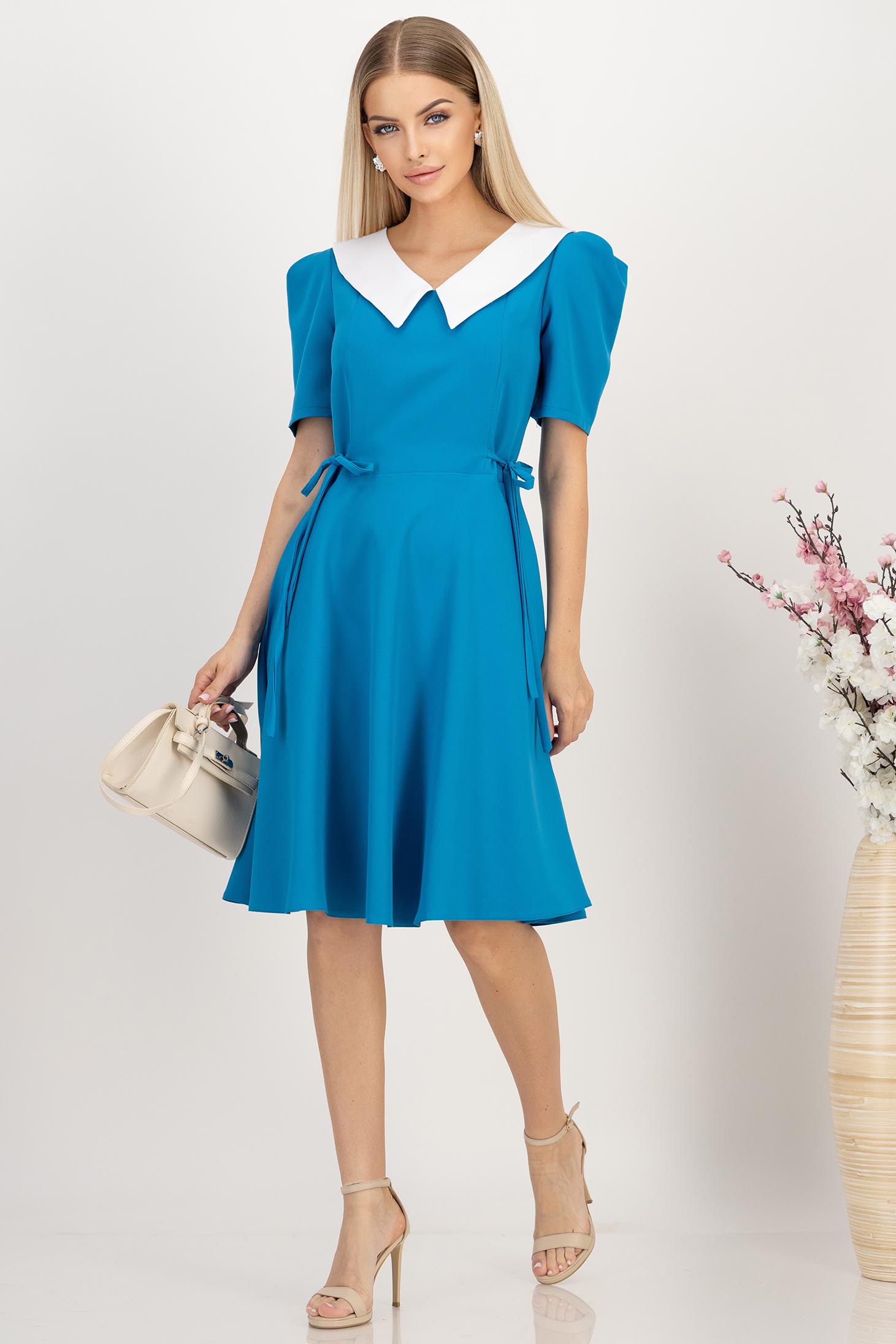 Rochie din stofa elastica albastru petrol midi in clos cu buzunare laterale si guler contrastant - StarShinerS 3 - StarShinerS.ro