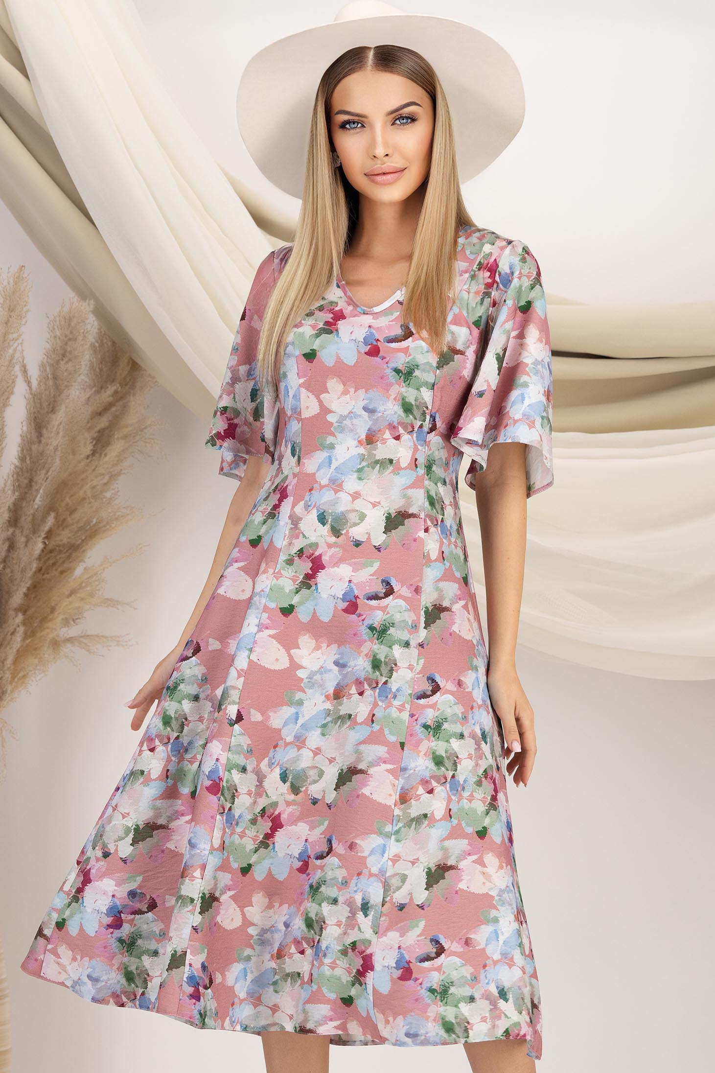 StarShinerS.ro Rochie din viscoza roz midi in clos cu maneci tip fluture - StarShinerS